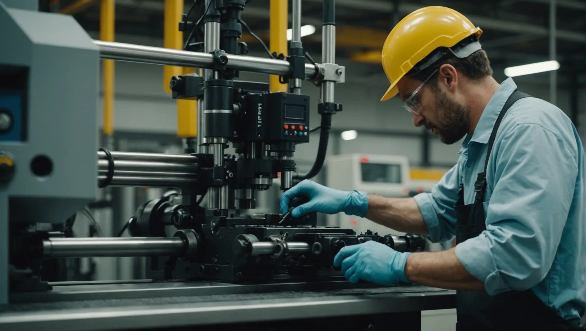 Technician performing maintenance on an injection mold machine