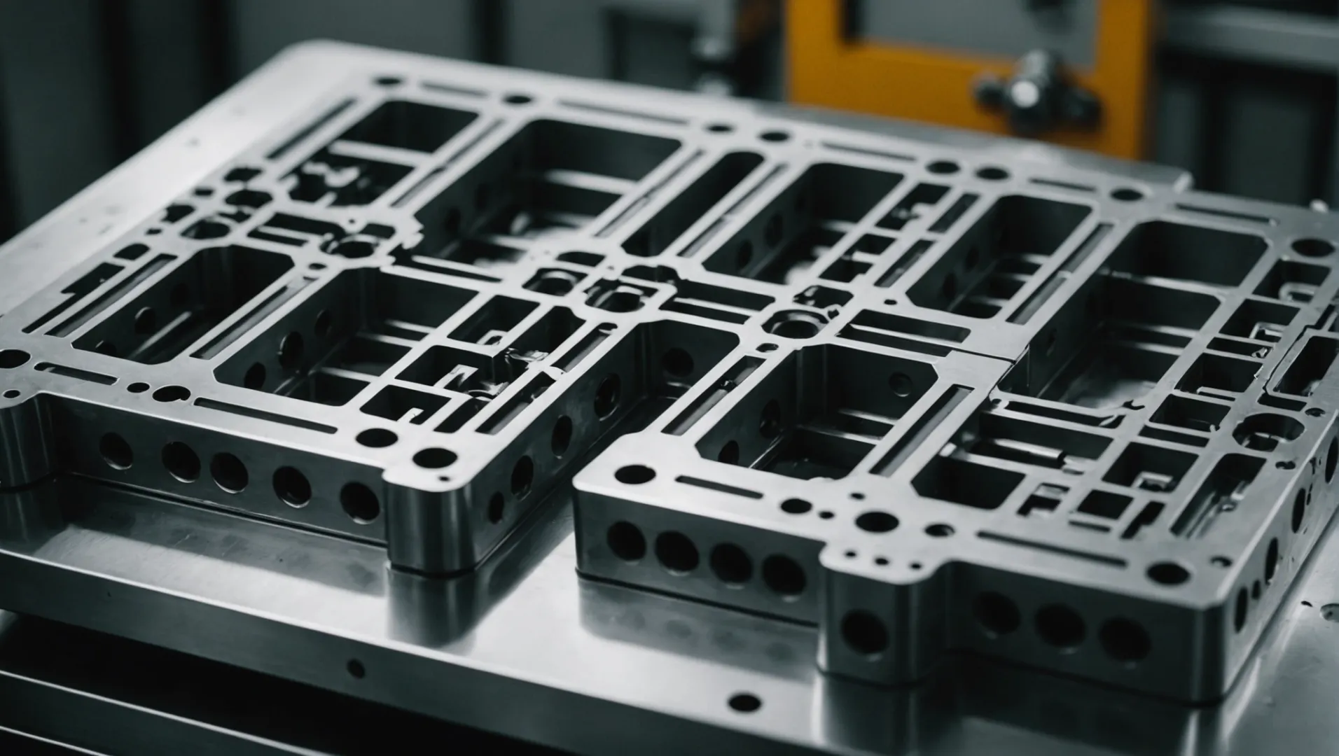 A close-up view of a complex injection mold design with visible cooling channels and gate placements.