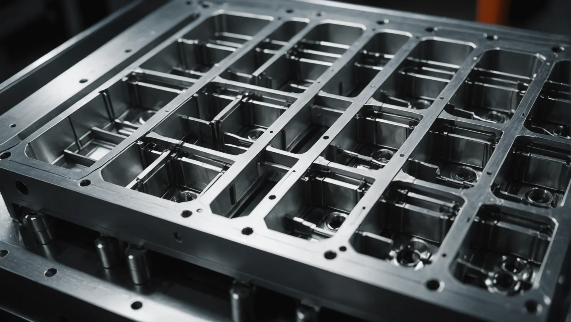 Close-up of an injection mold showing runner design and molten plastic flow.