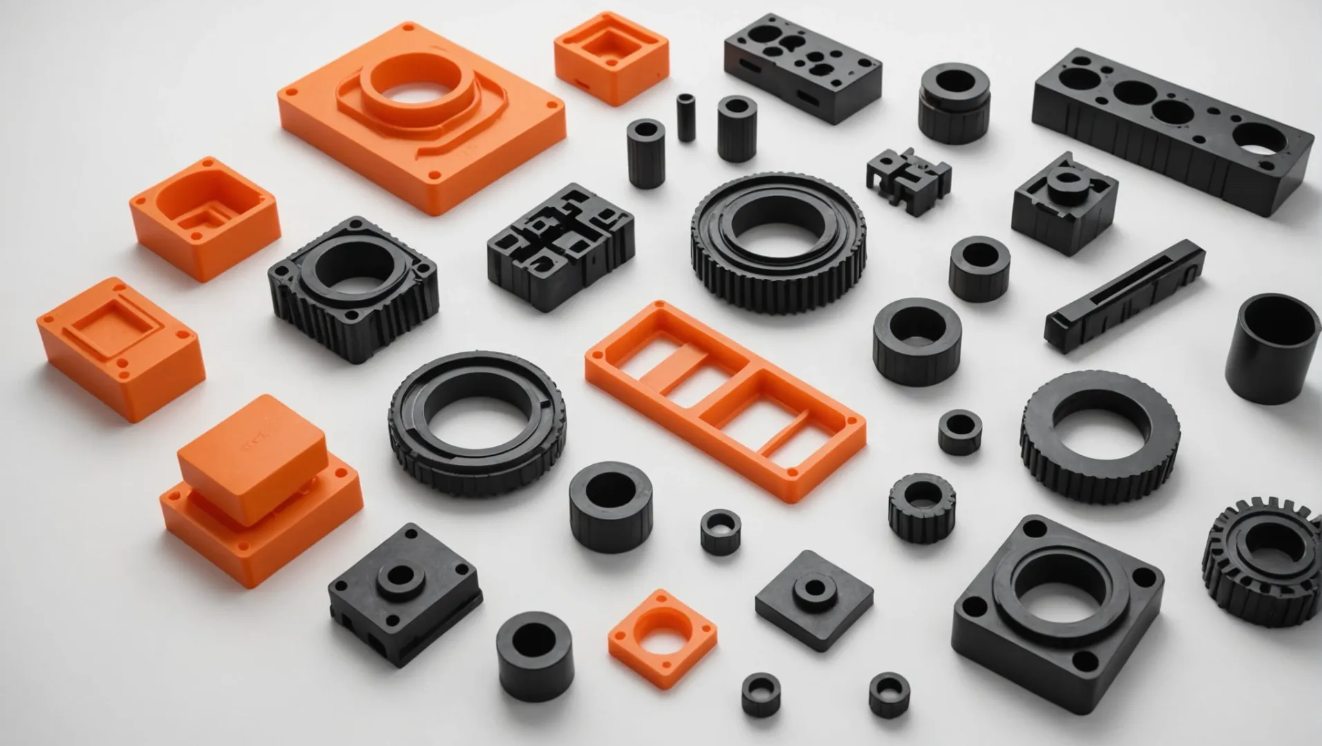 A detailed view of various injection-molded plastic components showcasing different shapes and colors.