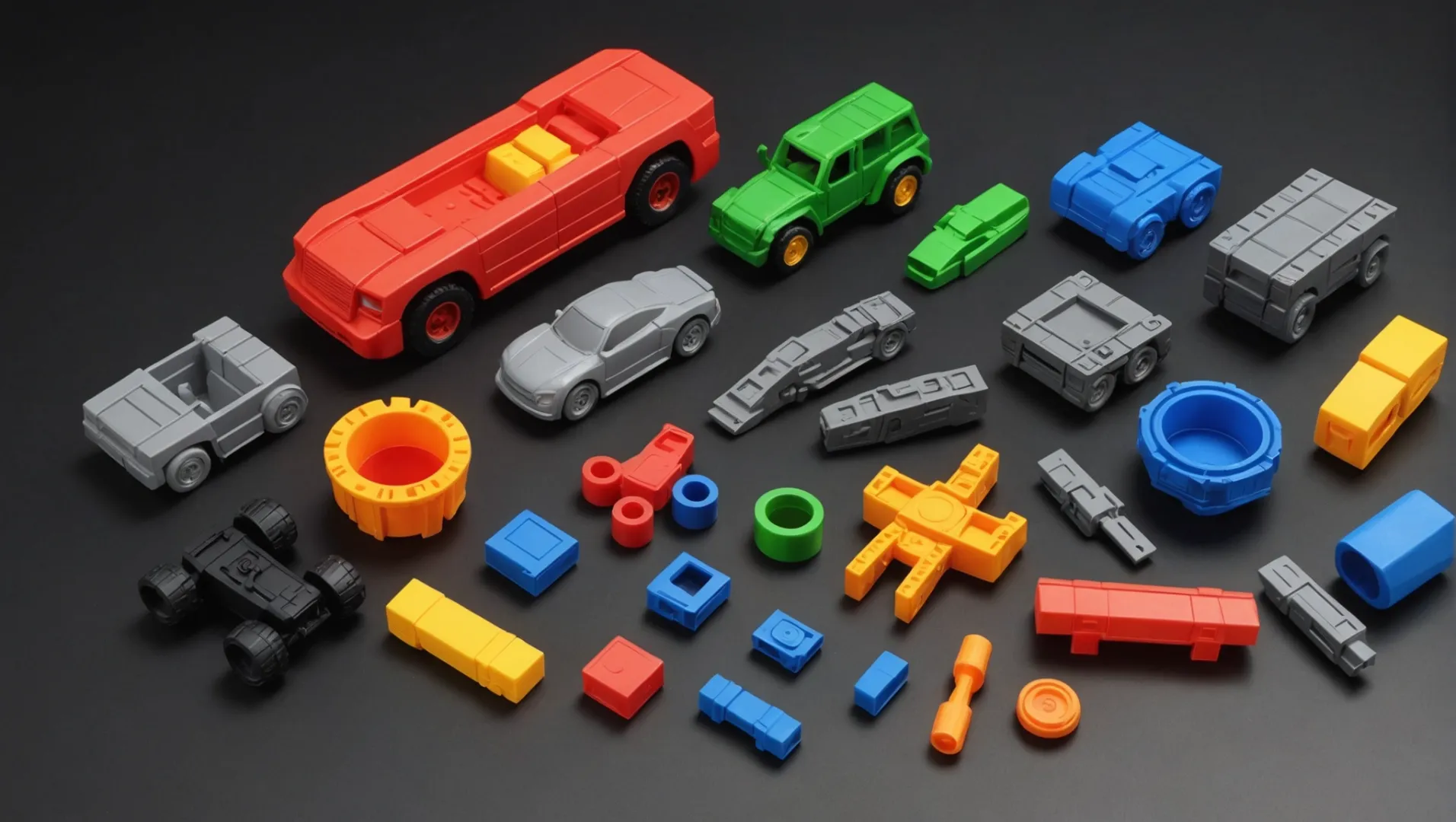 Various colorful injection molded toy components made from different materials.