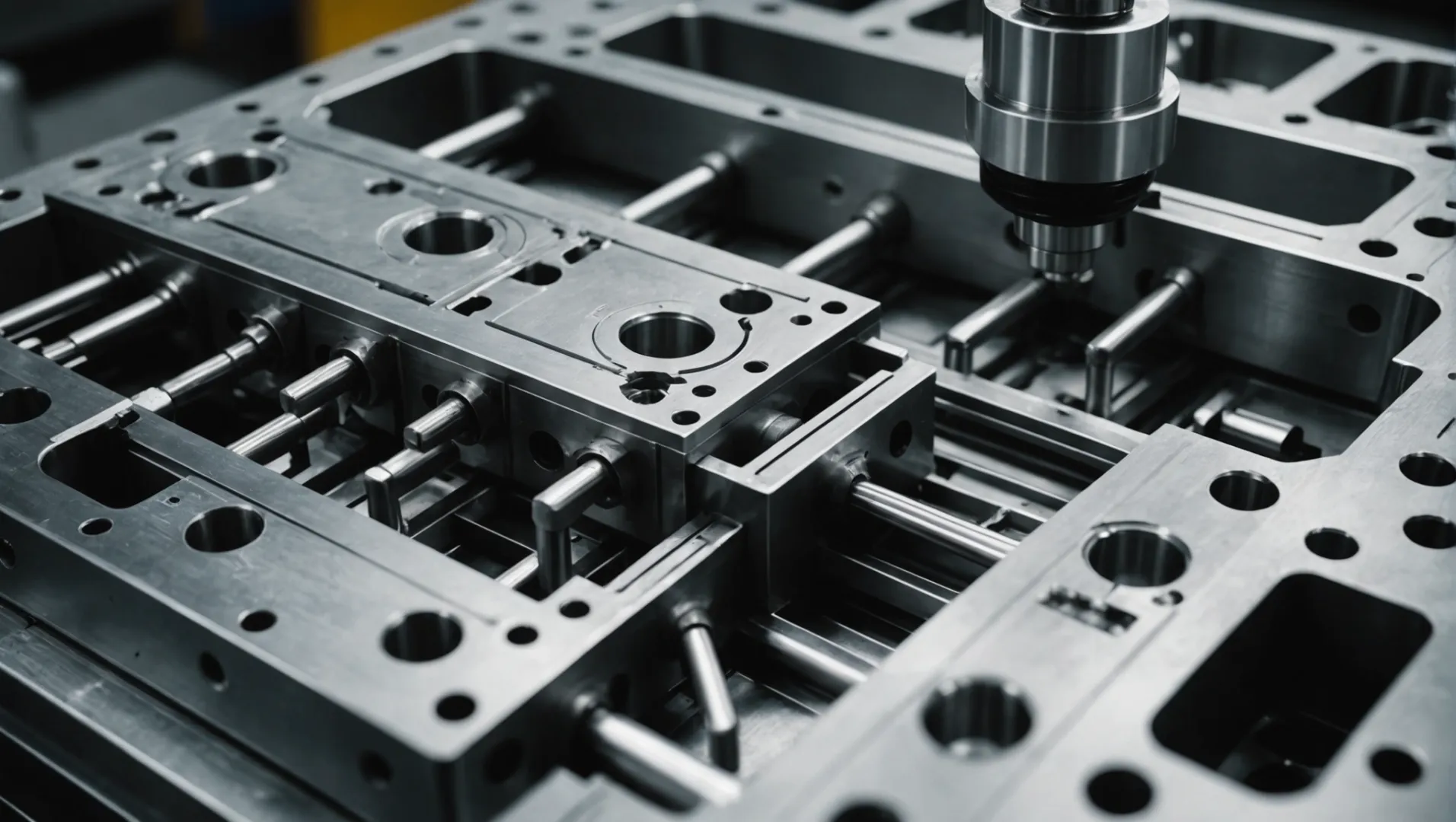 Close-up of an injection mold with intricate design showing demolding mechanisms like sliders and ejectors.