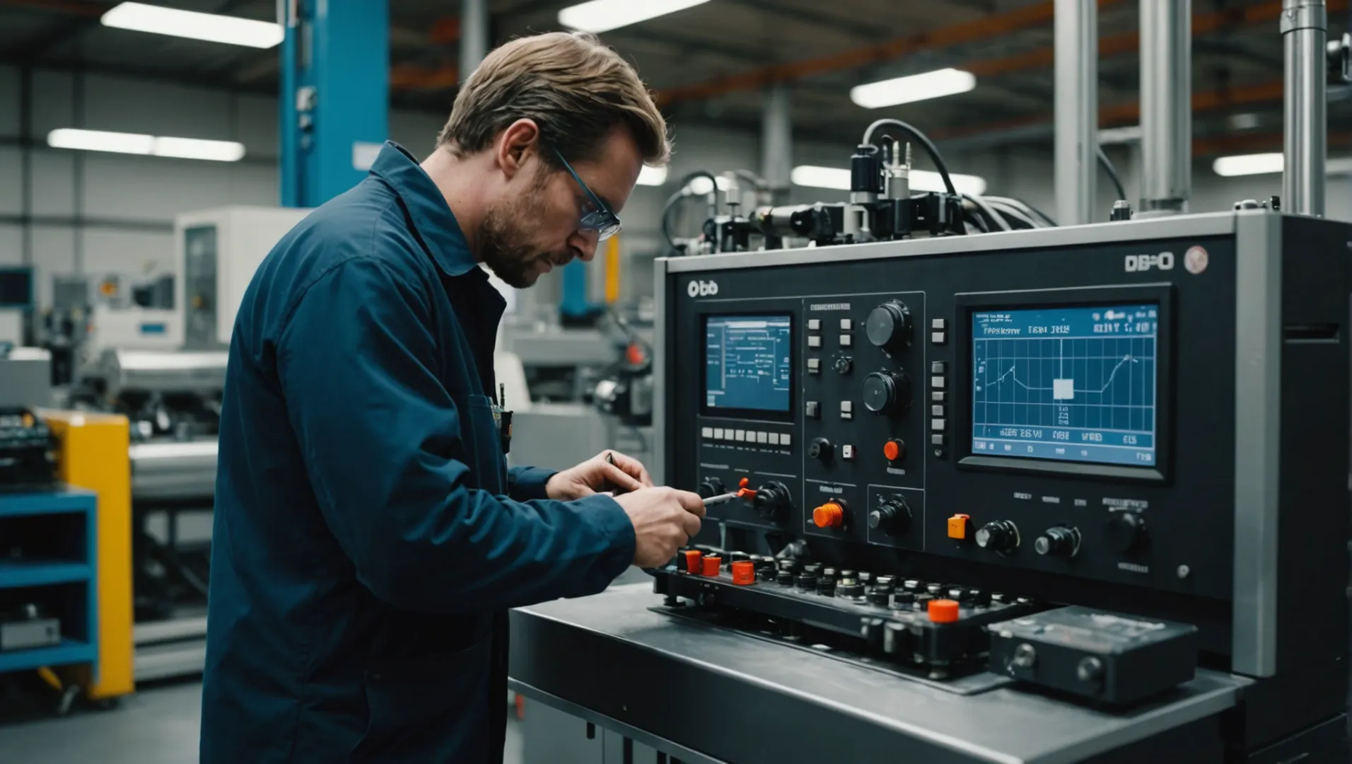 Injection molding machine with a technician performing checks