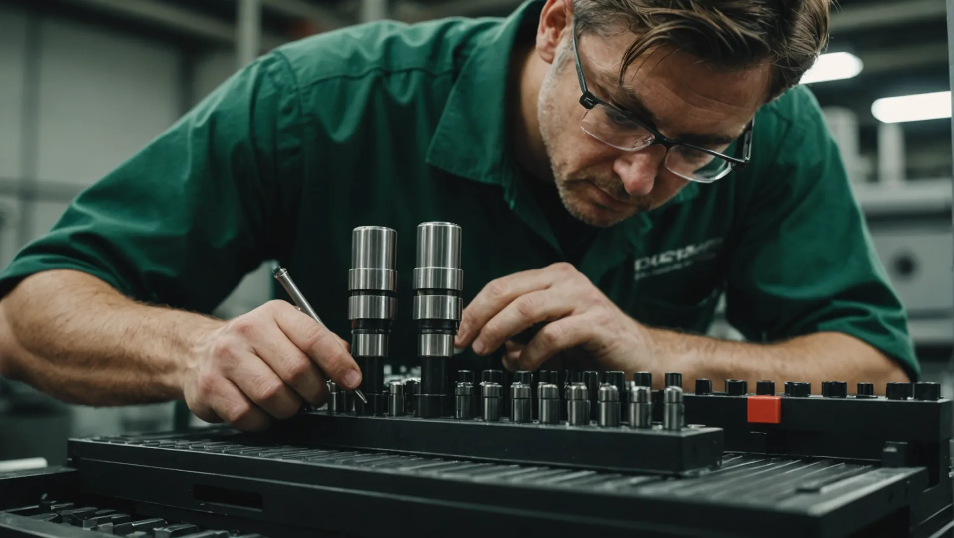 Technician performing maintenance on an exhaust system in a factory