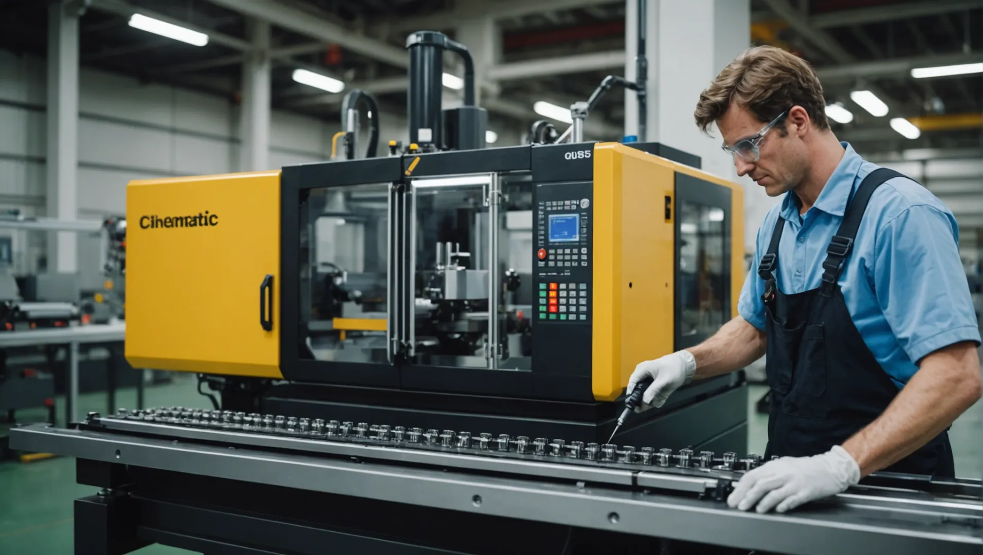 Technician inspecting an injection molding machine