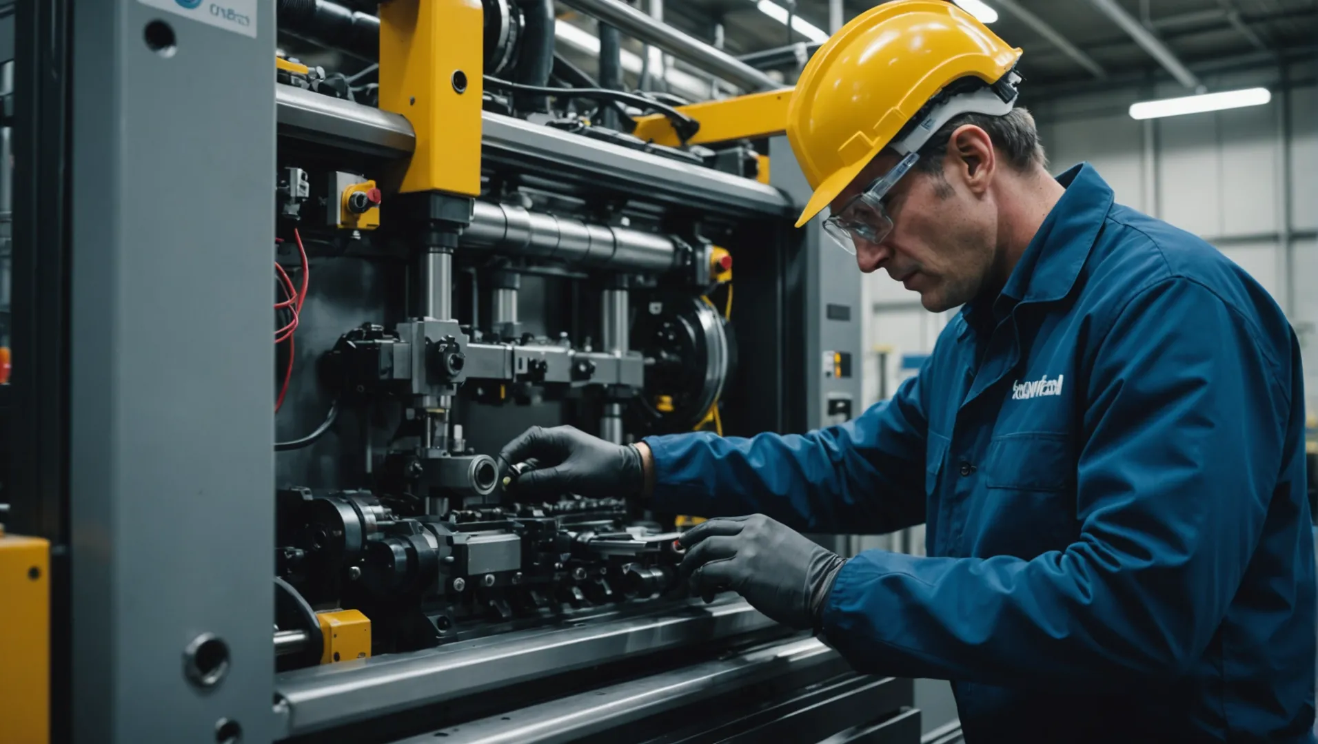 Technician performing maintenance on an injection molding machine