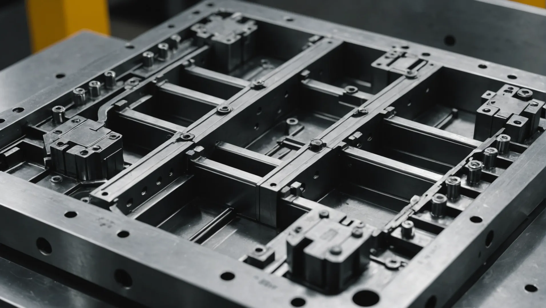 A detailed view of a plastic injection mold with highlighted gate positions, illustrating flow dynamics.