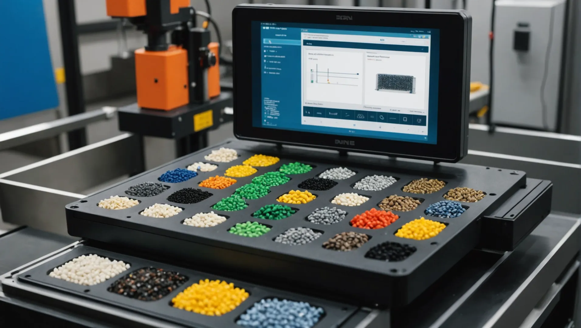 Illustration of the four key elements in injection molding: plastic materials, machines, molds, and parameters.