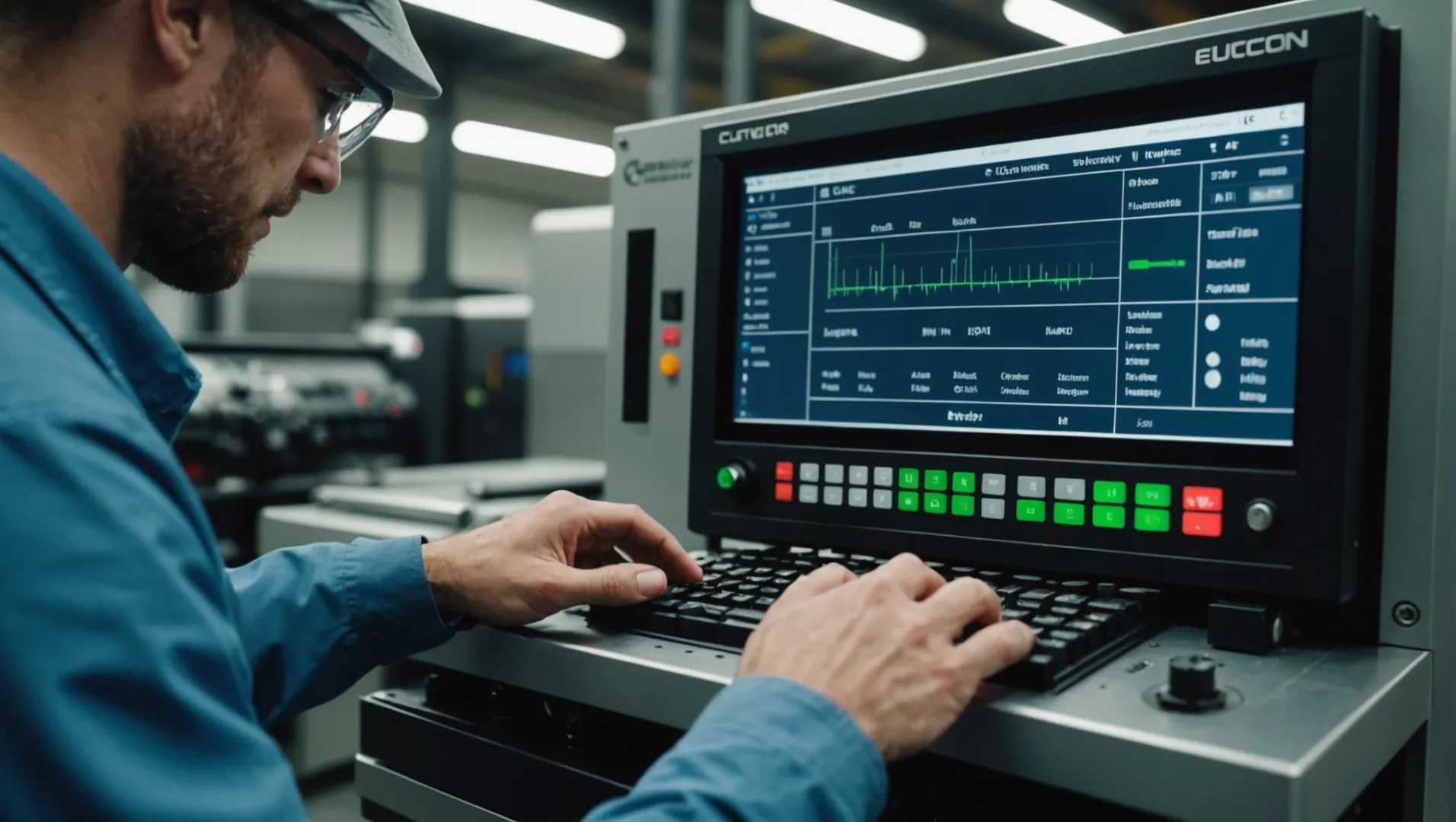 Technician adjusting injection molding machine settings