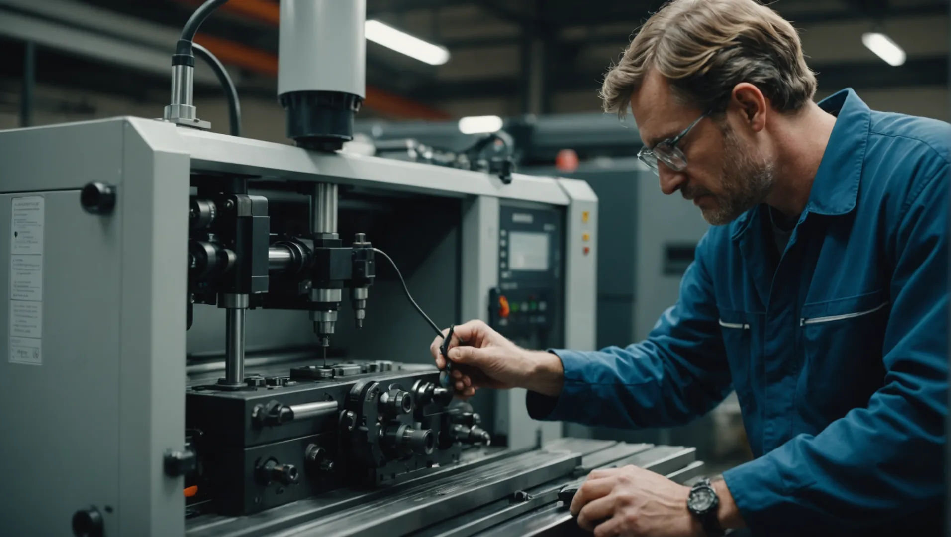 Technician inspecting an injection molding machine's clamping cylinder