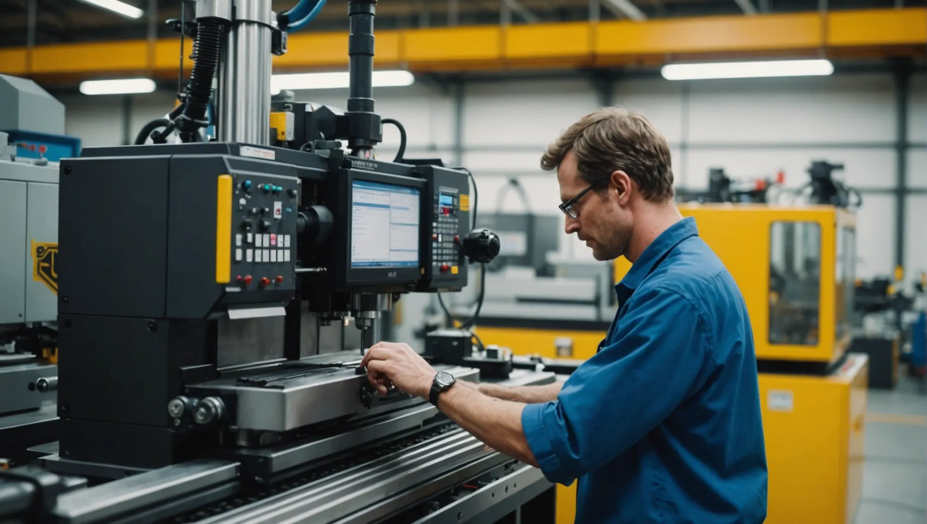 Technician performing maintenance on an injection molding machine