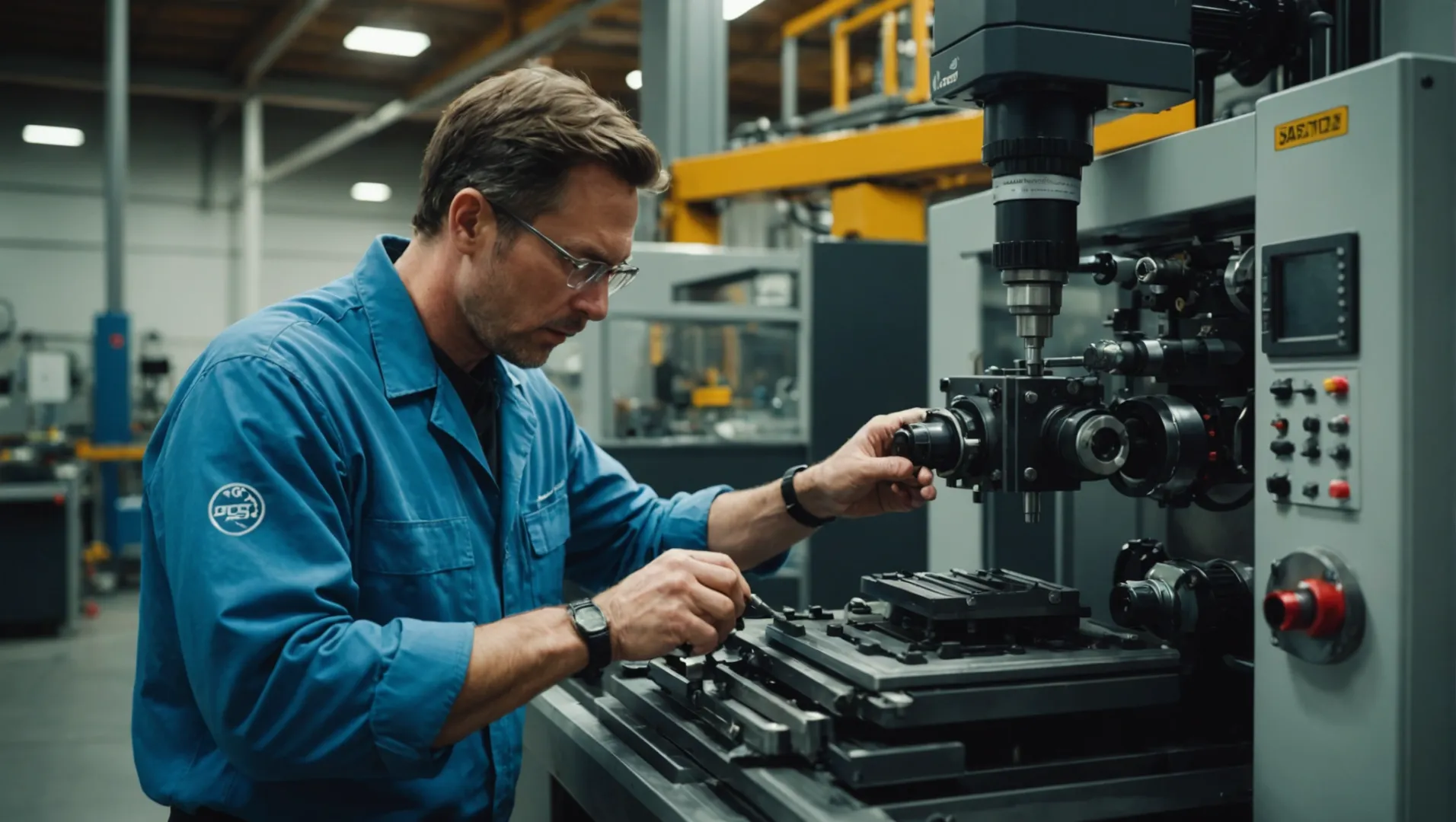 Injection molding machine with a technician inspecting the nozzle