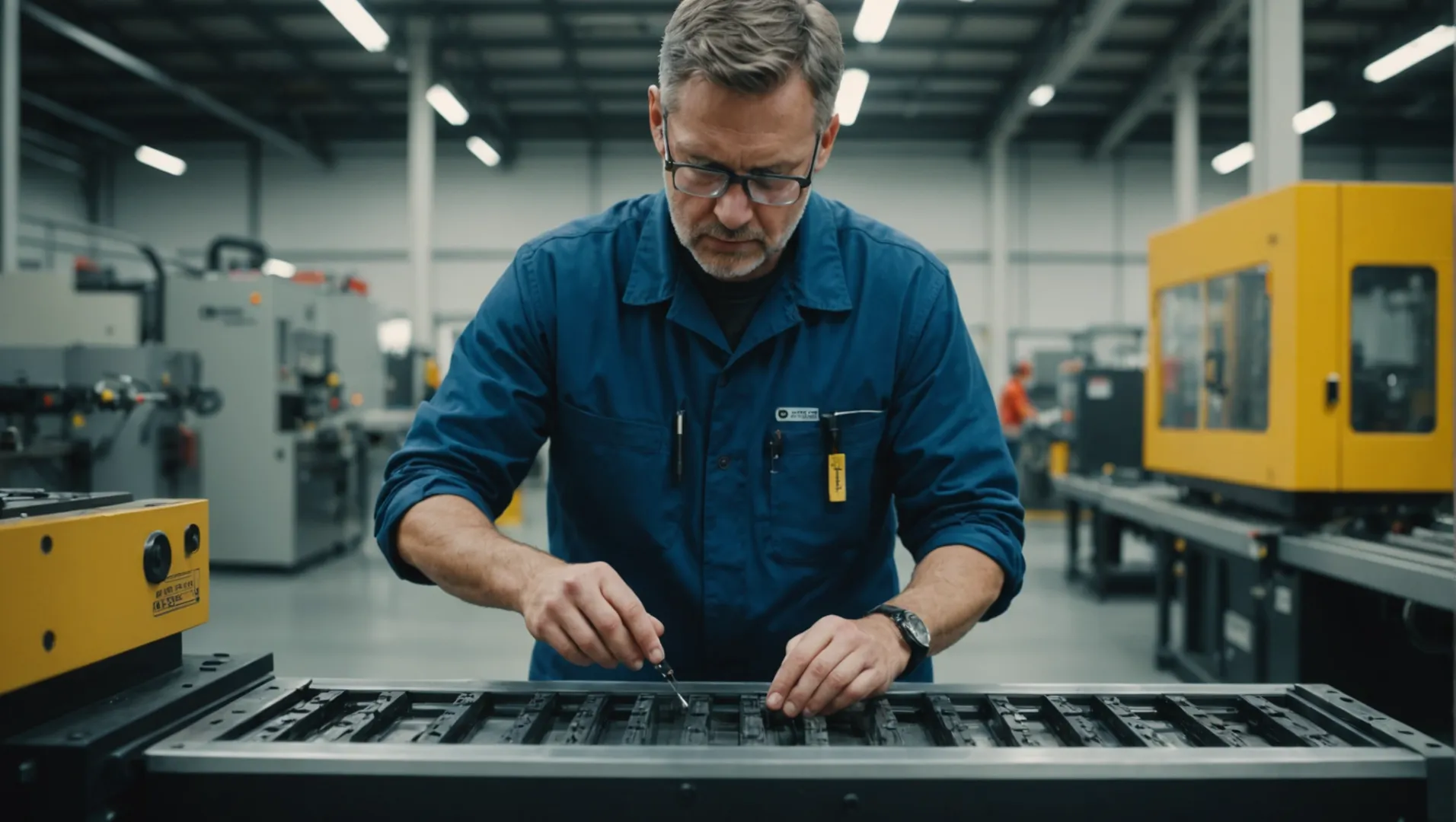 Technician inspecting an injection molding machine for maintenance.