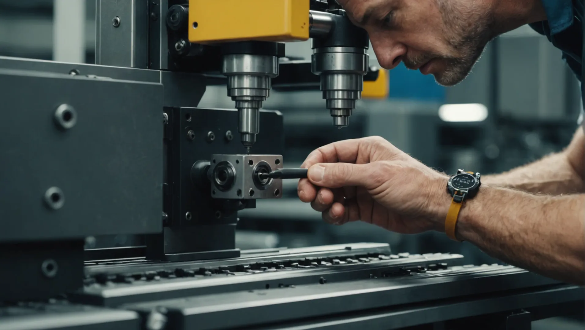 Technician inspecting injection molding machine