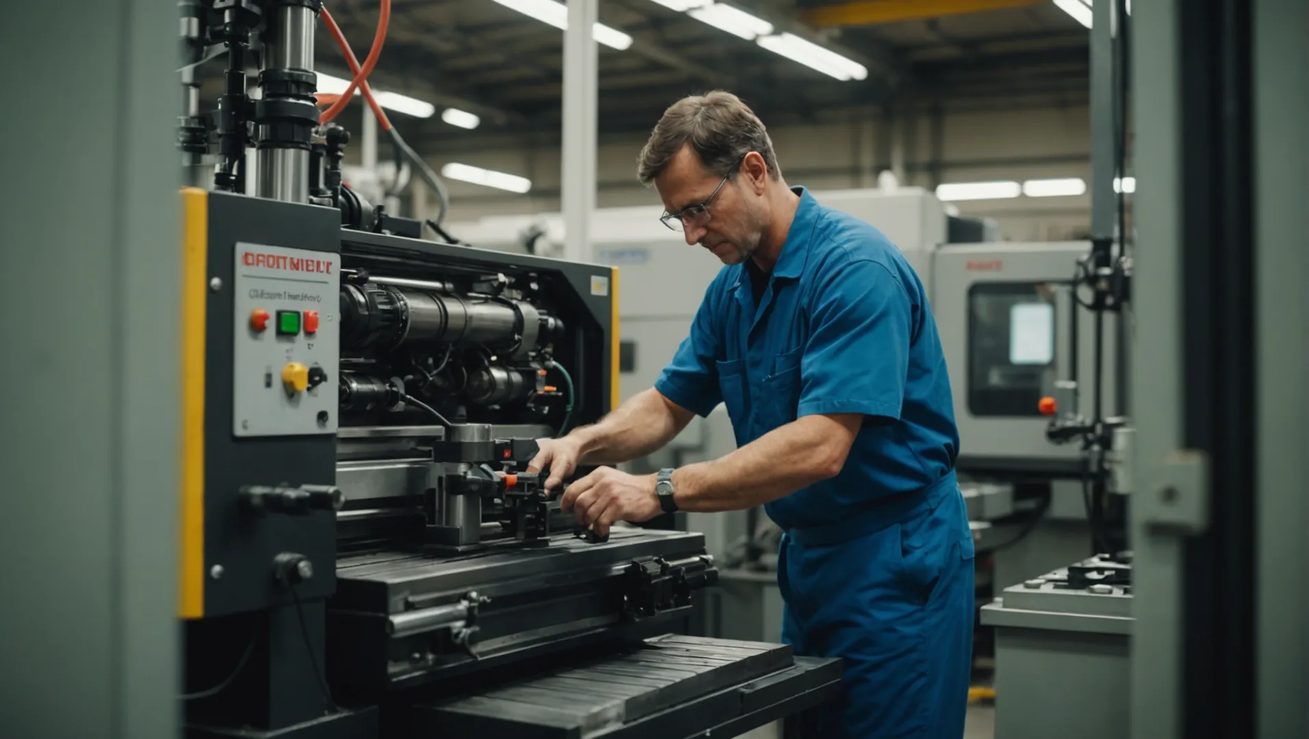 Technician performing maintenance on an injection molding machine