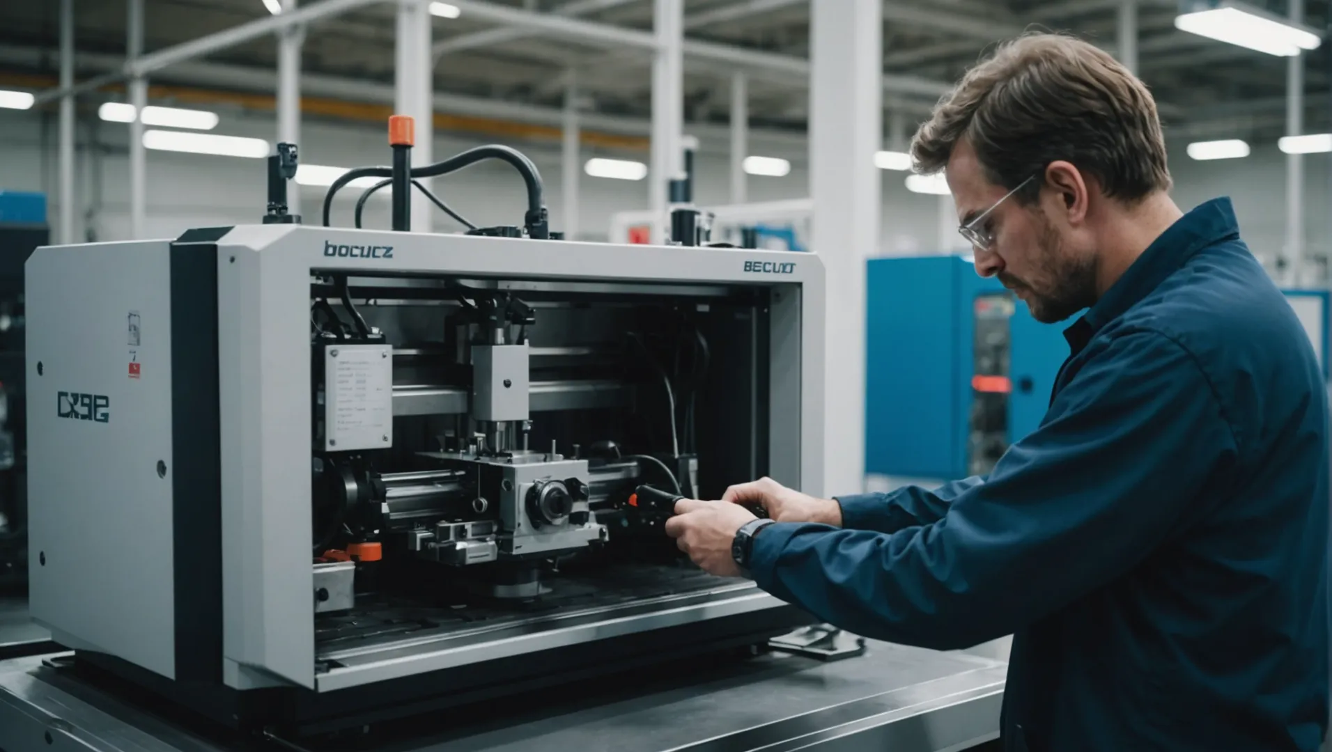 Technician performing maintenance on an injection molding machine