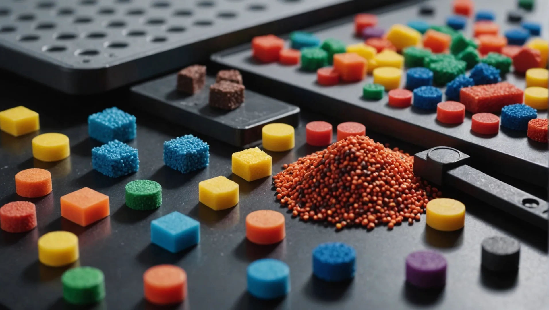 Close-up of various polymer granules and a mold in an injection molding setup