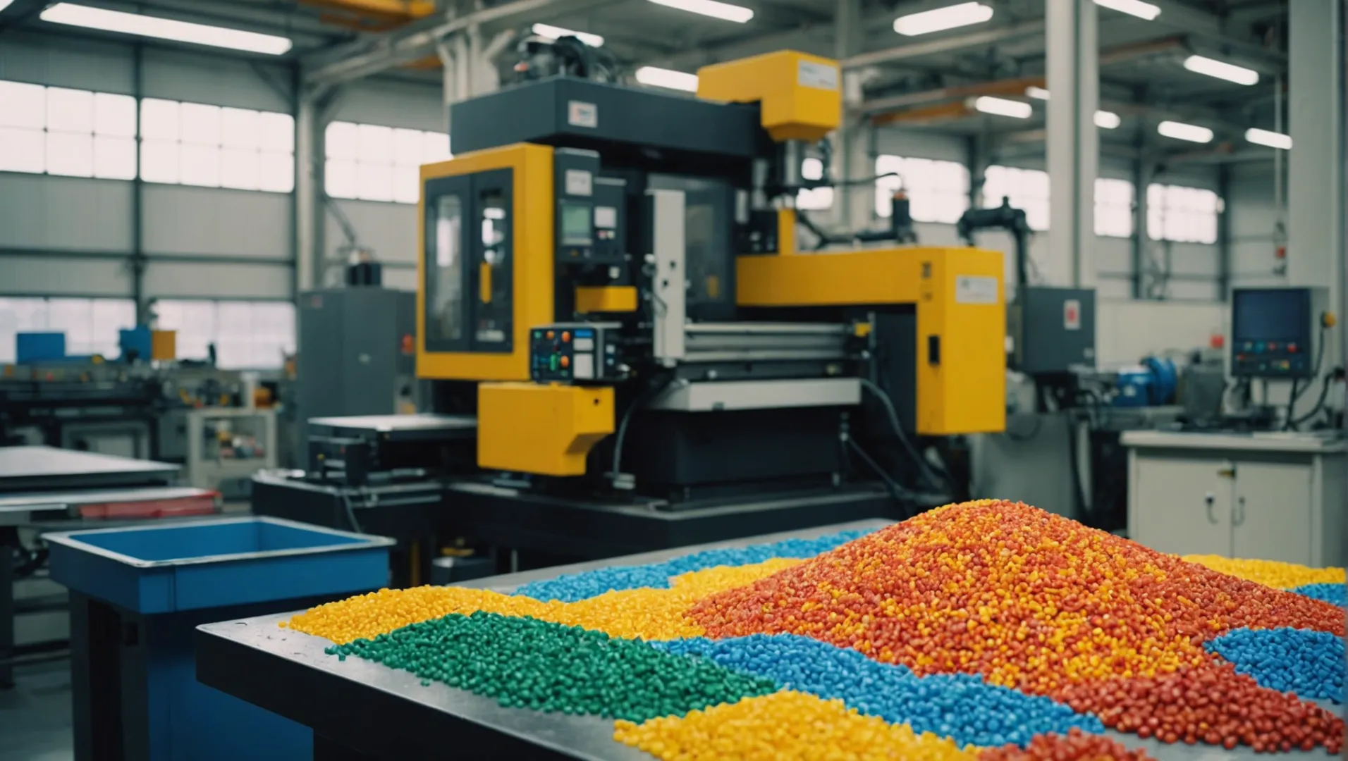 Injection molding machine with various plastic granules for material selection