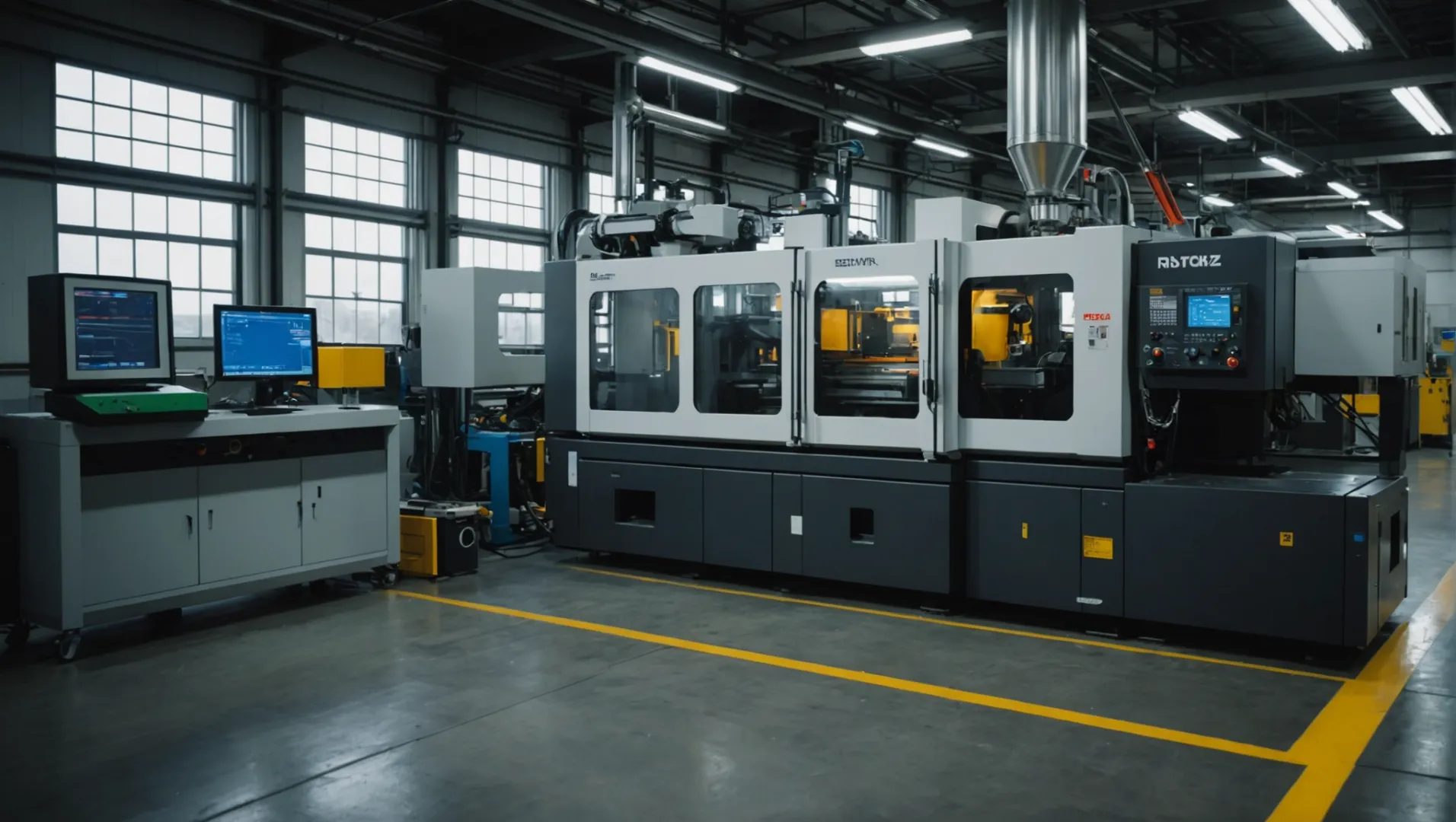 Injection molding machine with diverse plastic materials.