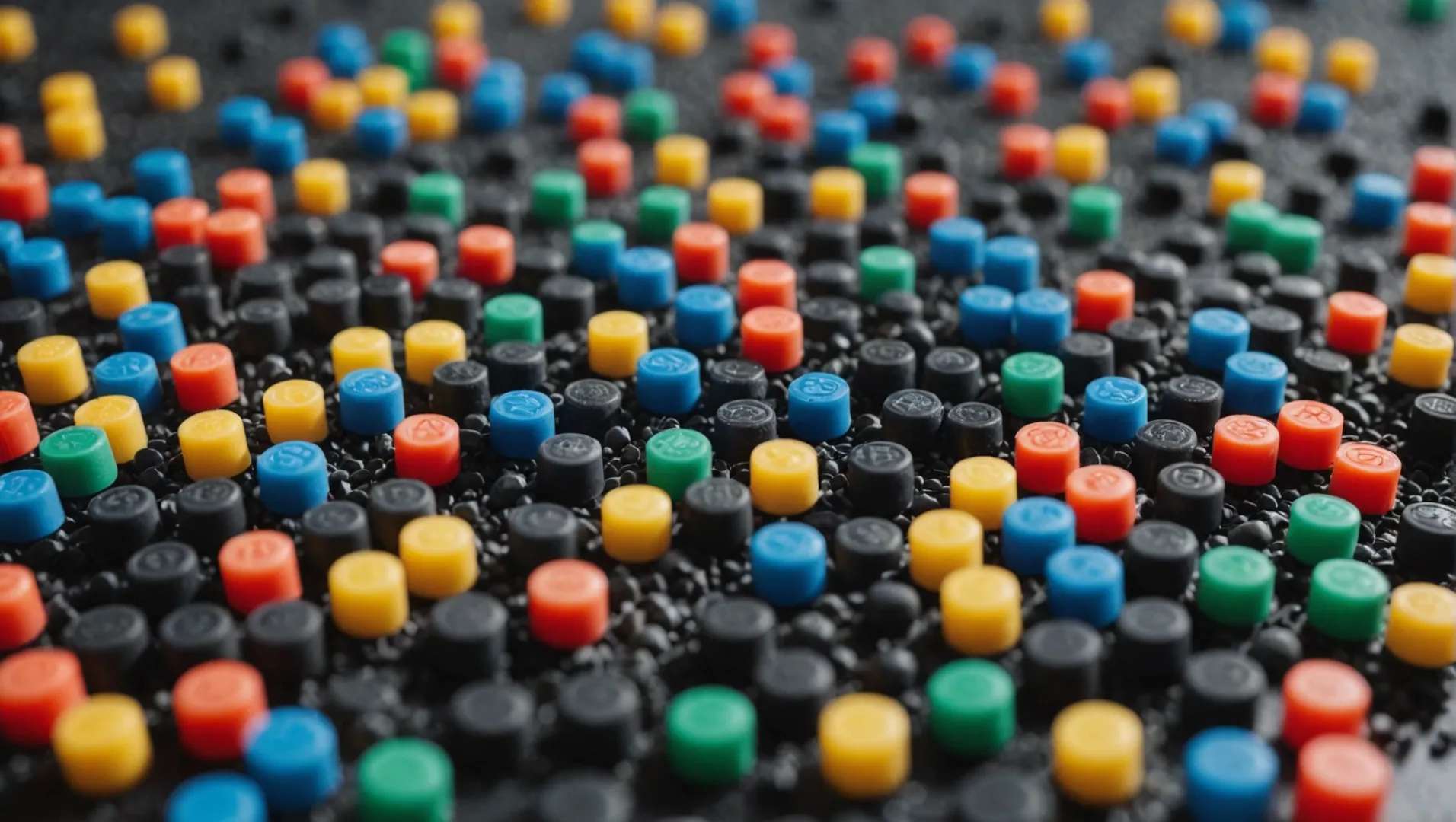 Close-up view of various plastic granules used in injection molding with machinery in the background.