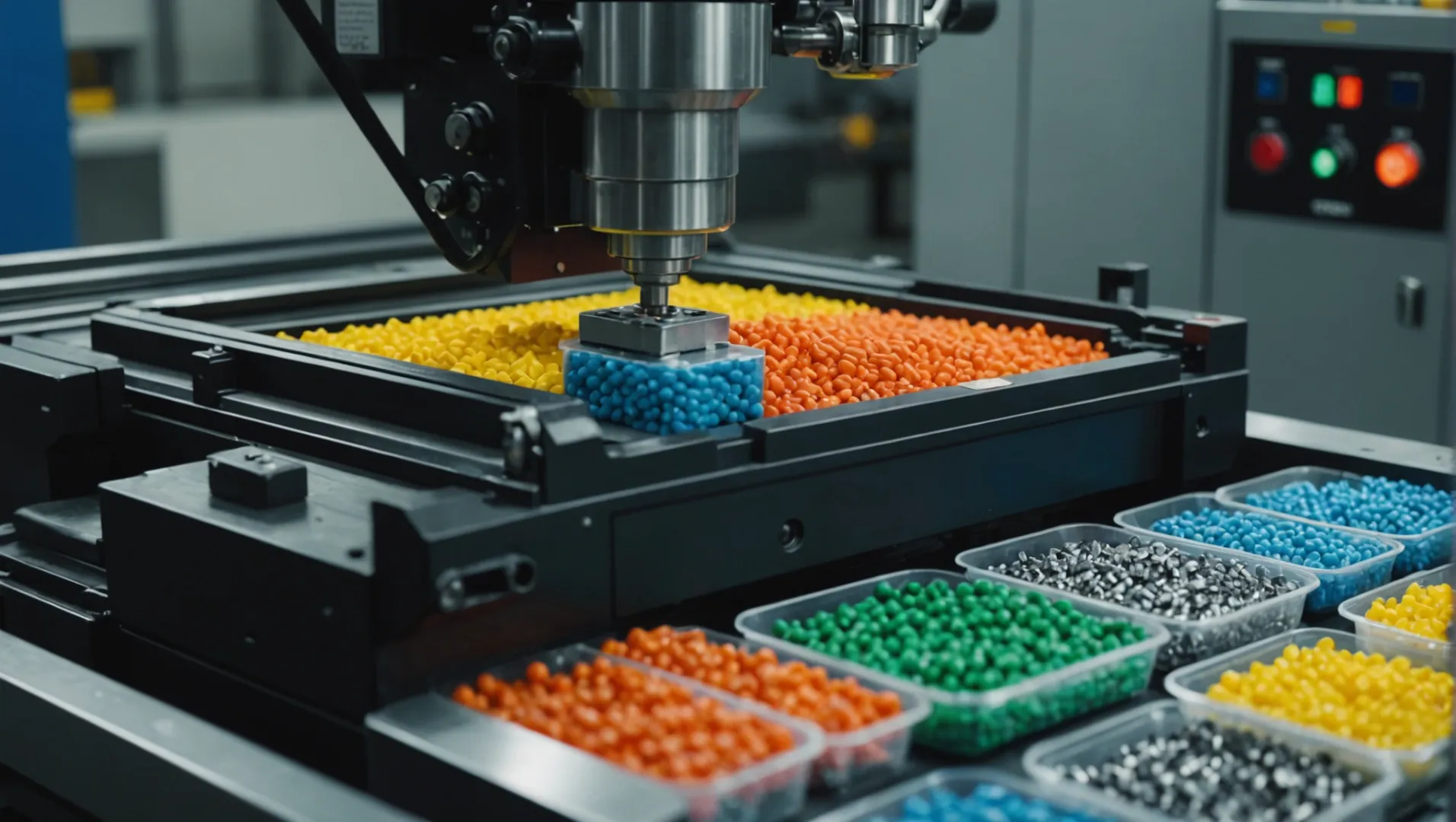 Close-up of an injection molding machine with various plastic pellets around it