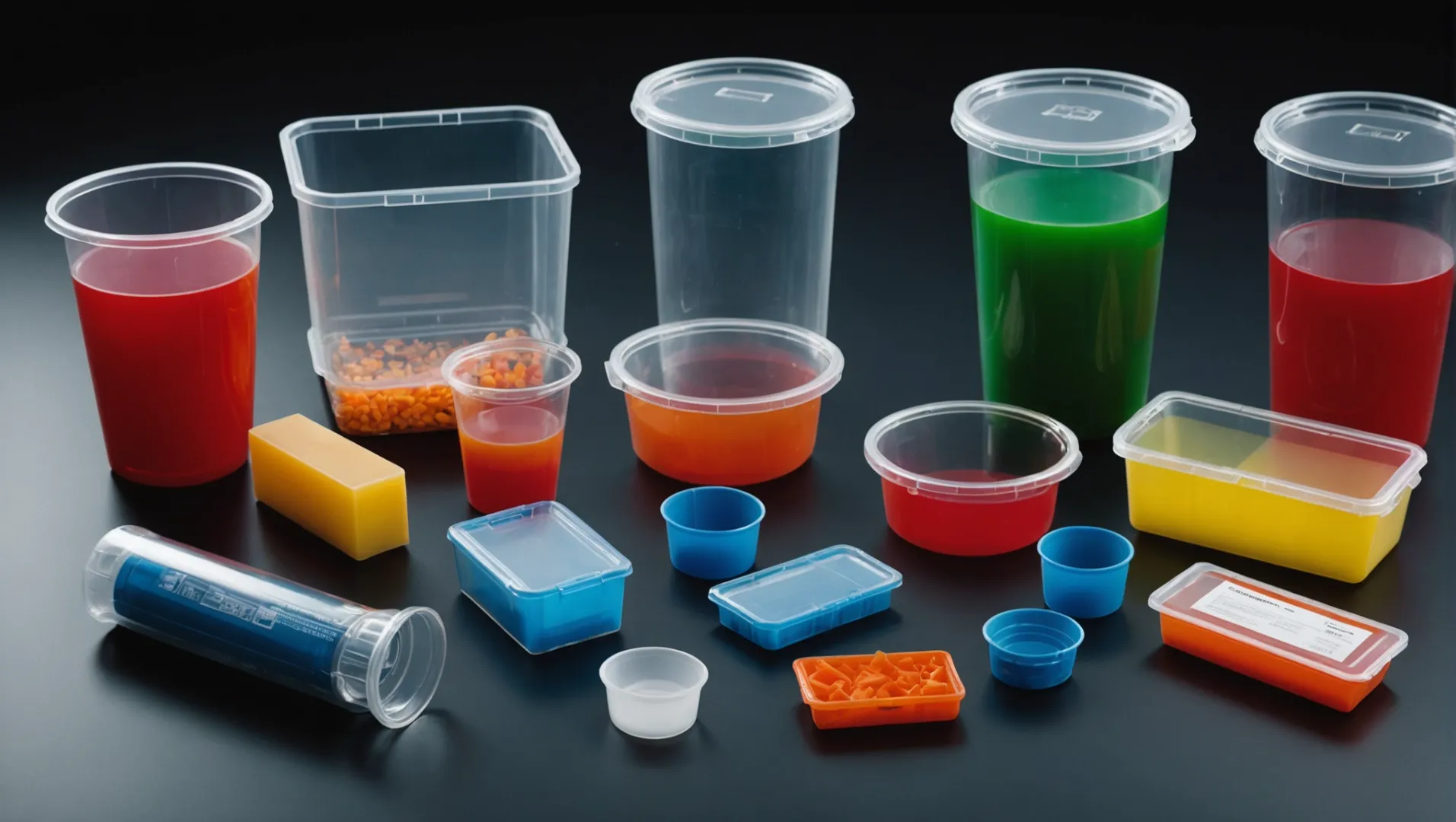 A variety of materials used in injection molding, including polypropylene, ABS, and polycarbonate samples.