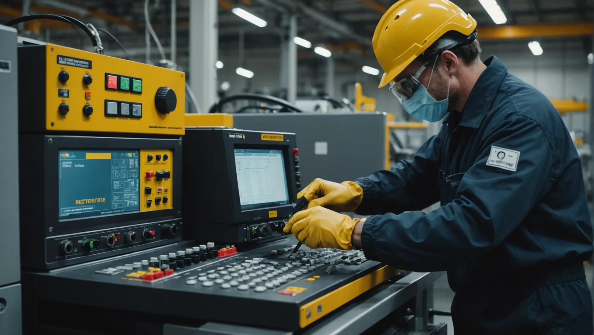 An operator adjusting an injection molding machine control panel