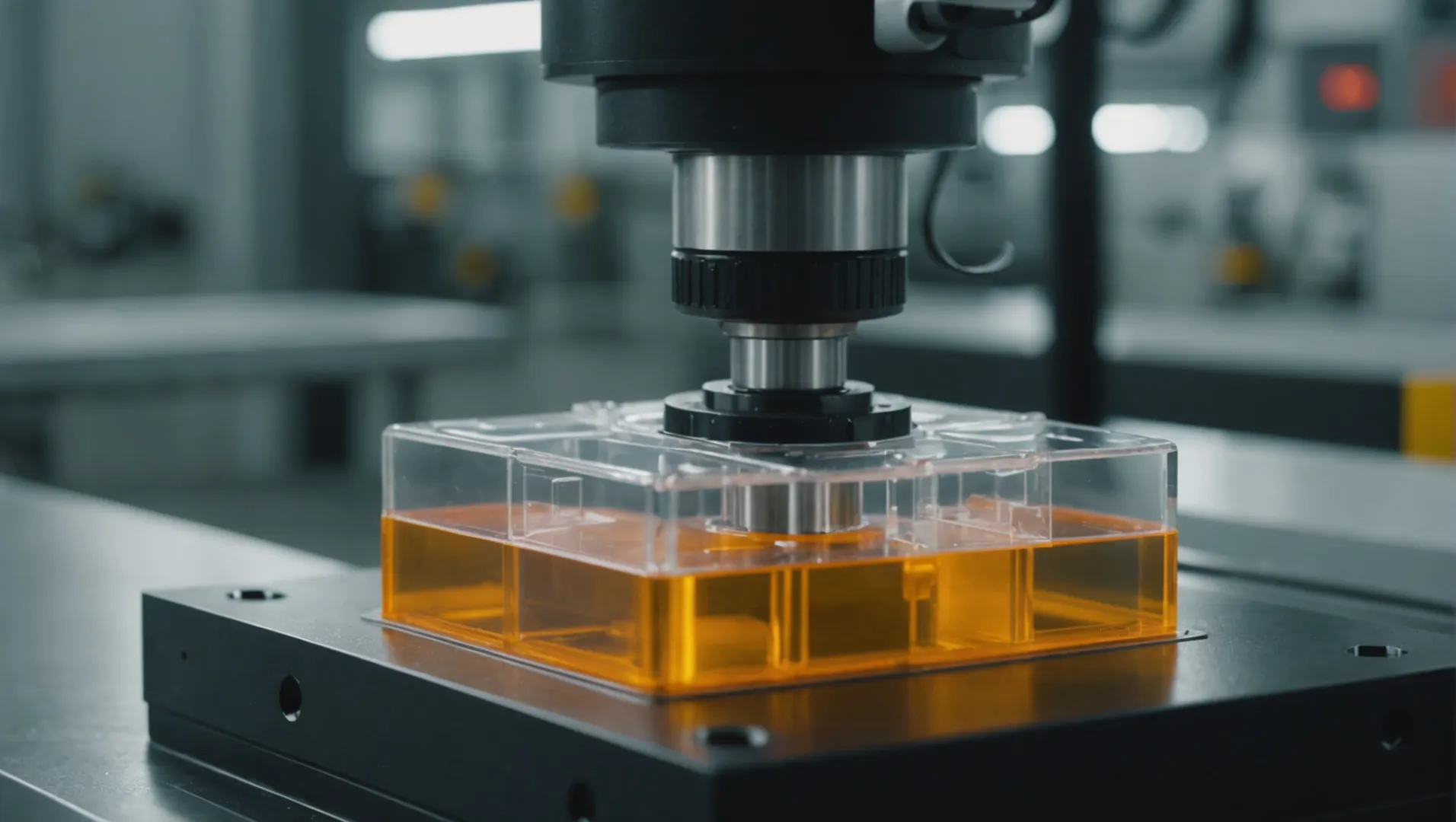 Close-up of a transparent injection molded part with machinery in the background