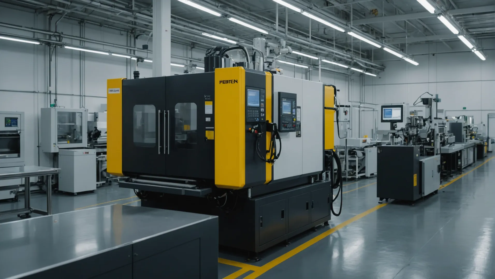 Injection molding machine in operation with raw materials being processed