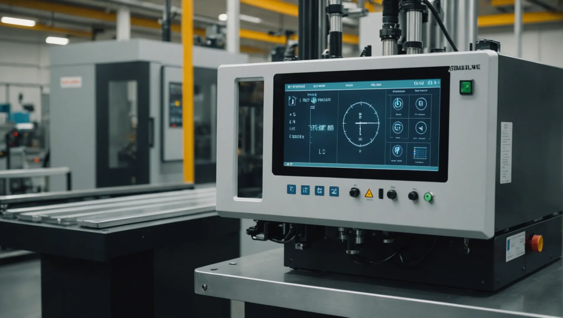 Injection molding machine in action with detailed focus on control panel and molten plastic flow