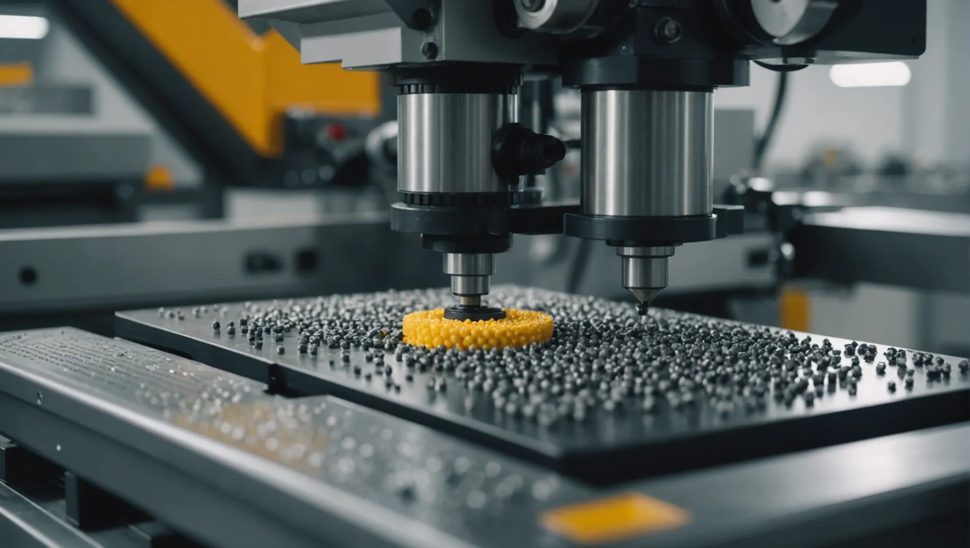 Close-up view of an injection molding machine with polymer granules.