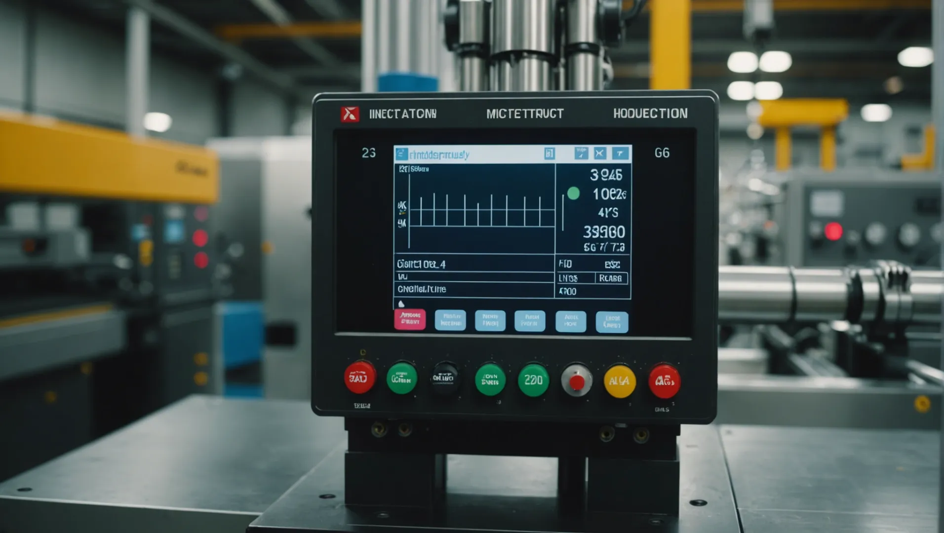 Injection molding machine with highlighted parameters such as temperature, pressure, and speed controls.