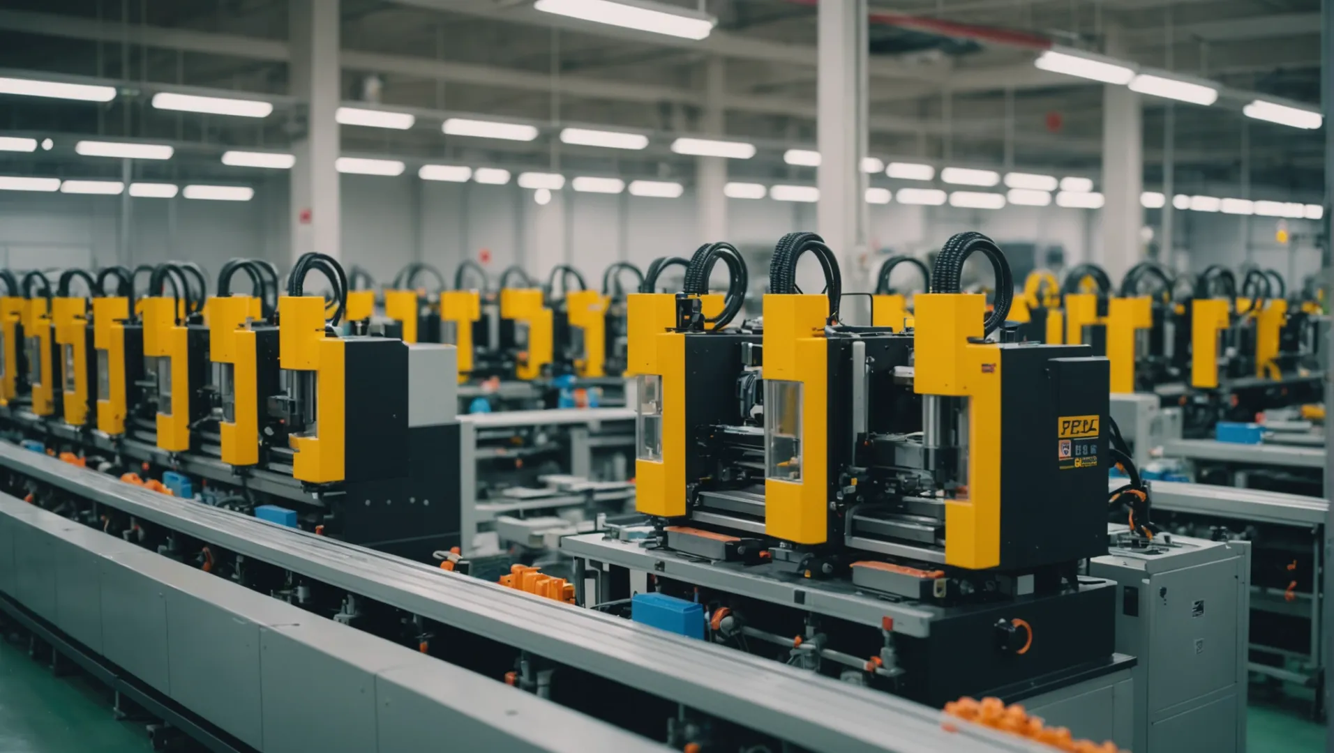 A vibrant and detailed toy factory floor showcasing injection molding machines creating colorful plastic toys.