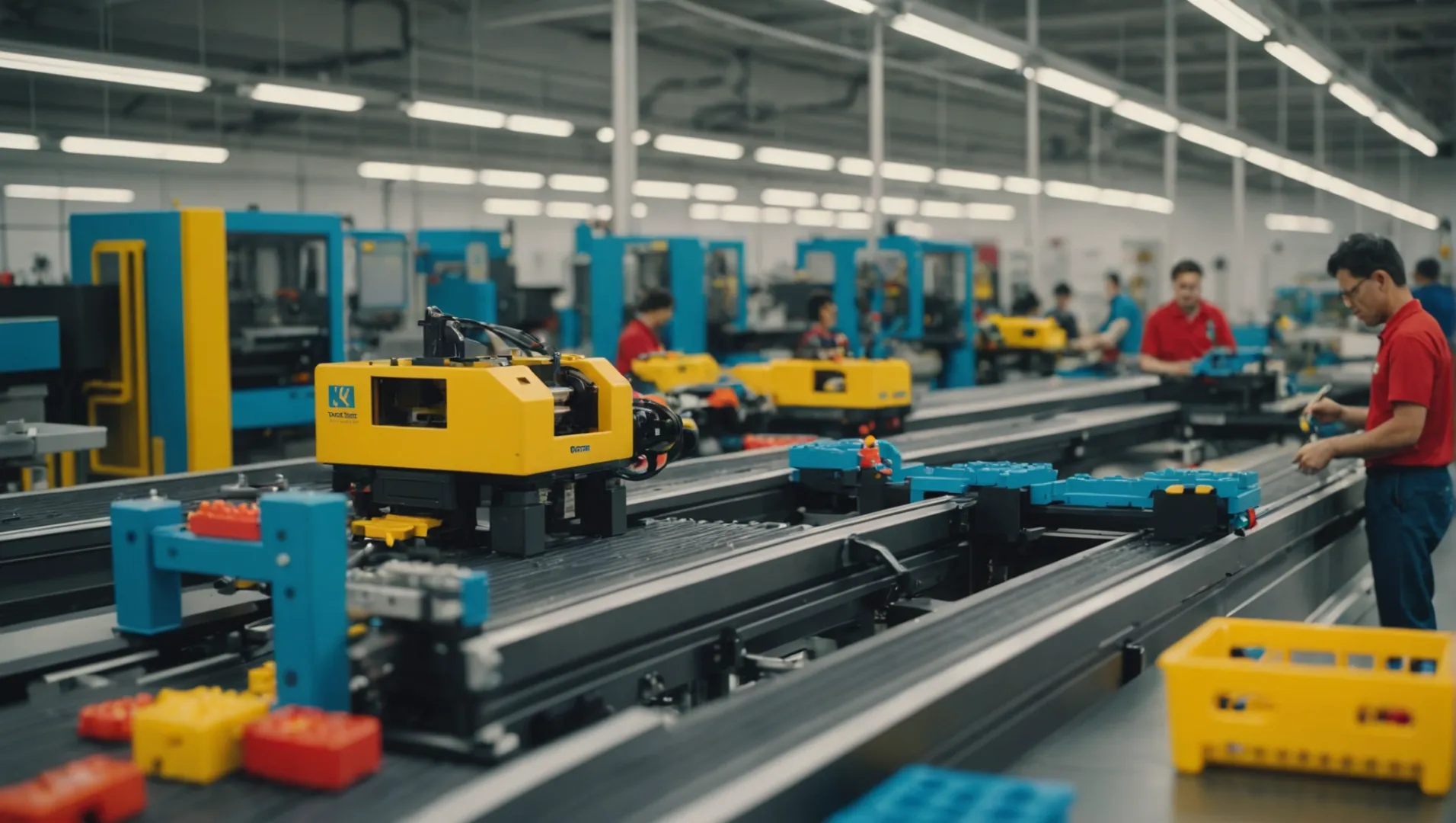 A modern factory floor with injection molding machines producing colorful toy parts.