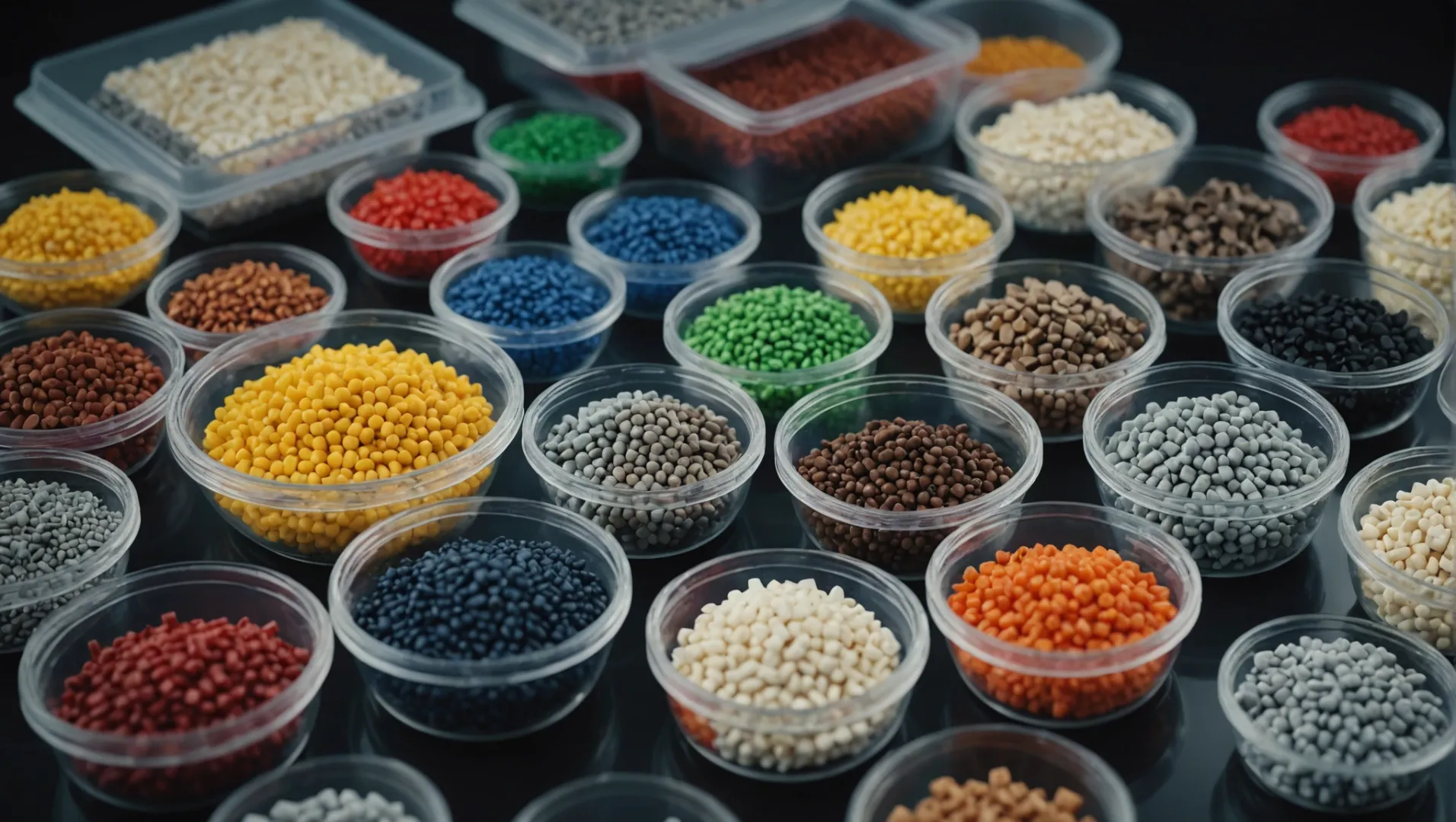 Different injection moulding materials displayed with a focus on plastic granules and sample parts.