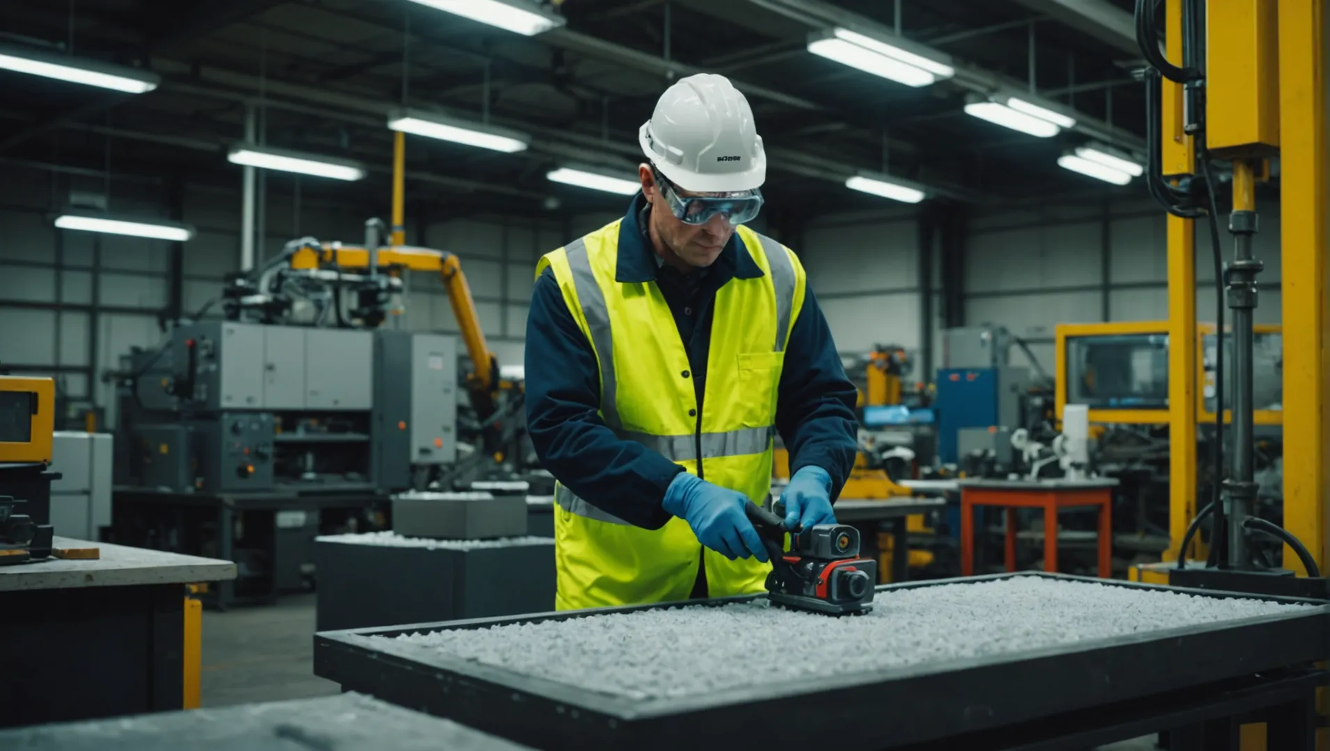 Technician inspecting an insulated mold in a factory setting.