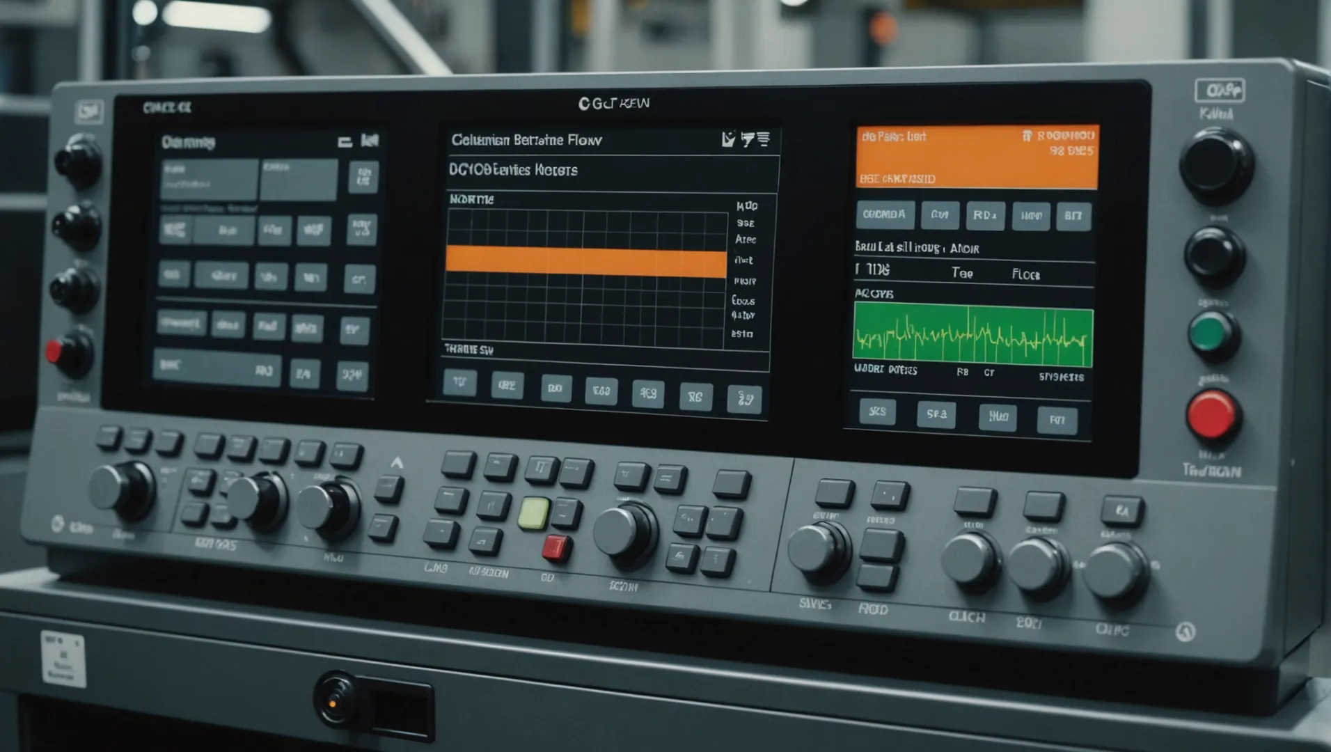 Close-up of an intelligent control system panel in an injection molding factory.