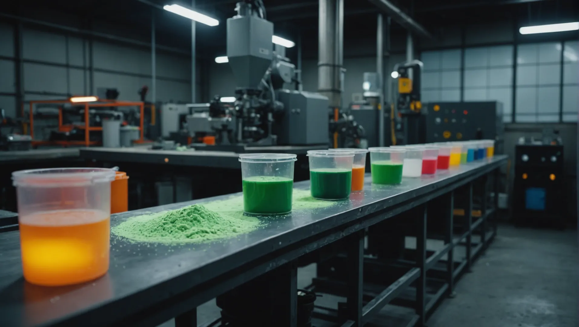 Illustration of luminous powder being mixed into plastic for injection molding