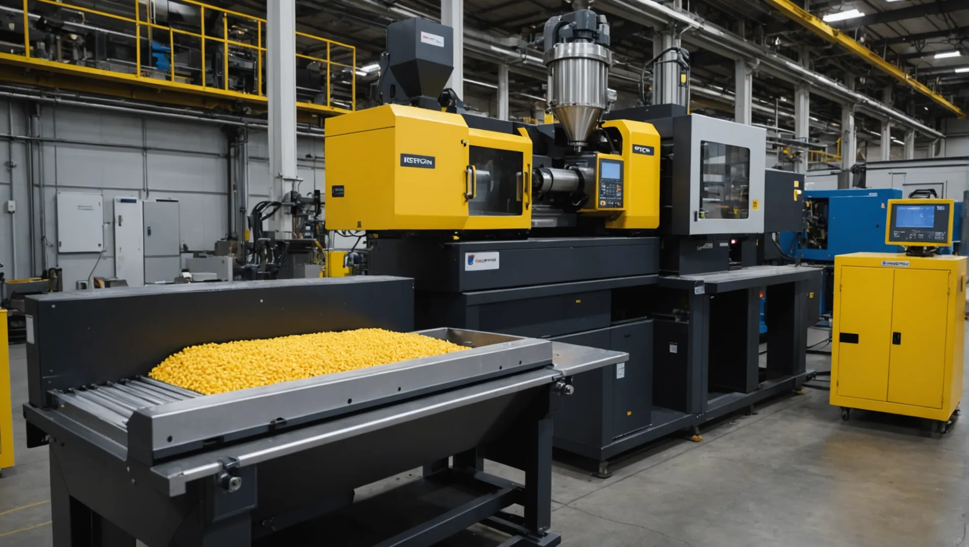 Injection molding machine with plastic pellets and molds