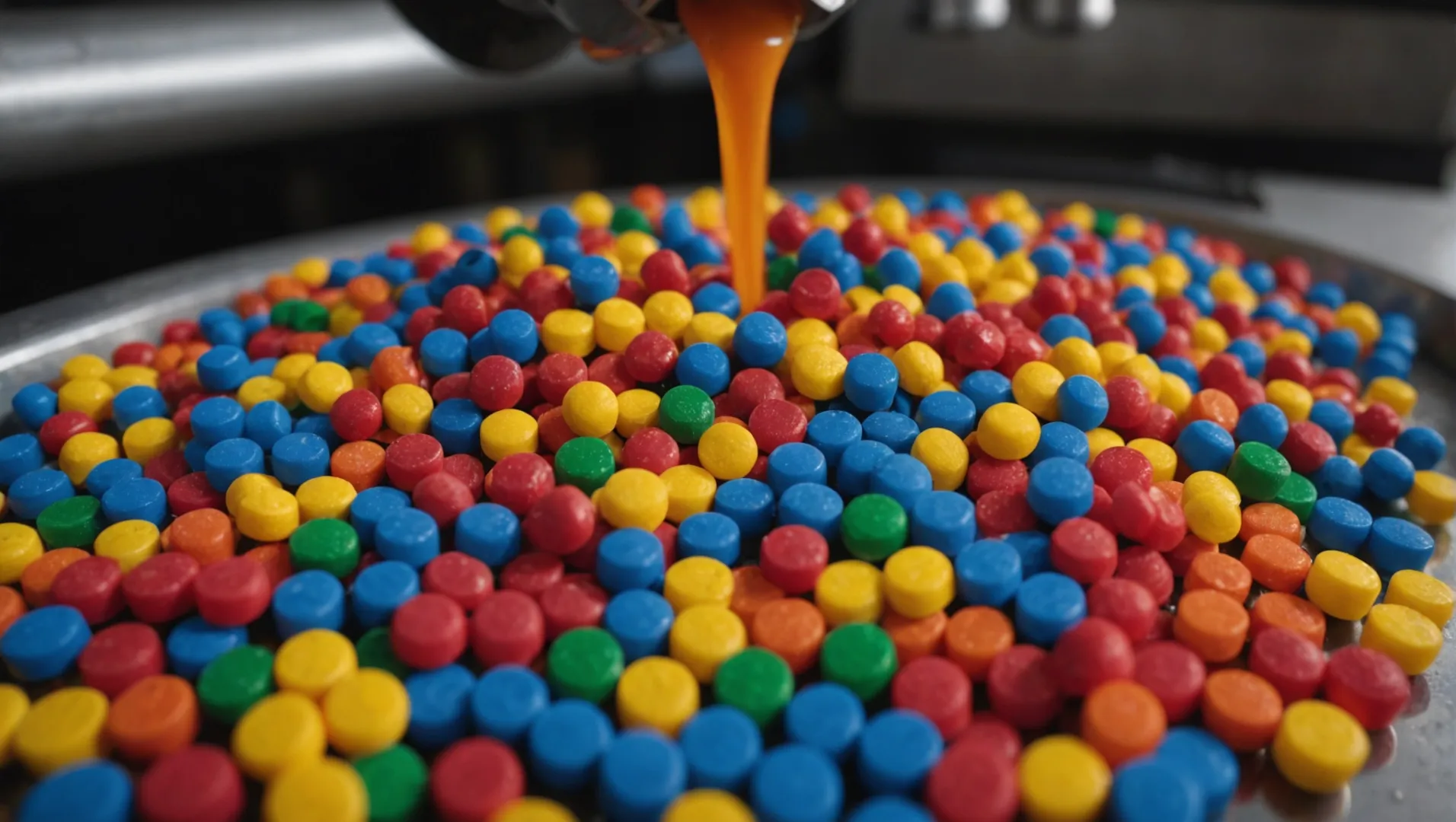 Close-up of raw plastic pellets being poured into an injection molding machine.