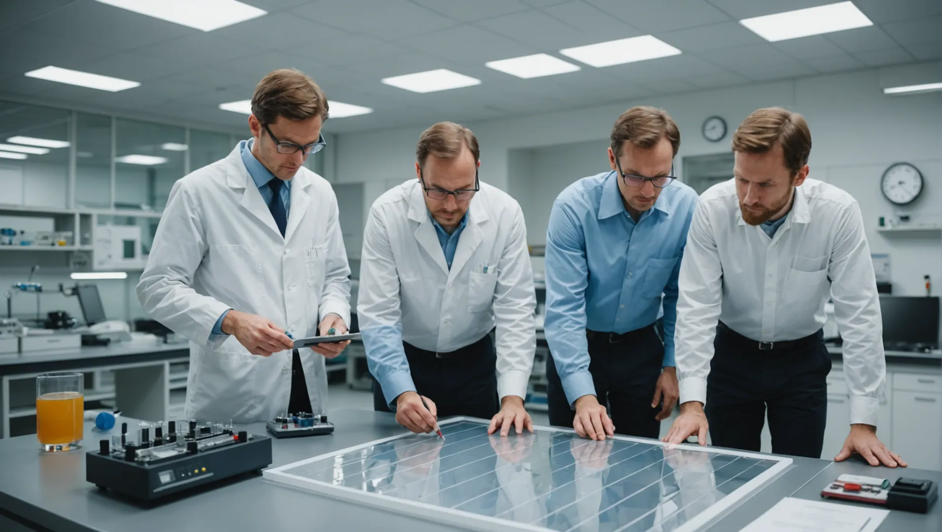 Engineers examining polycarbonate samples for anti-deformation