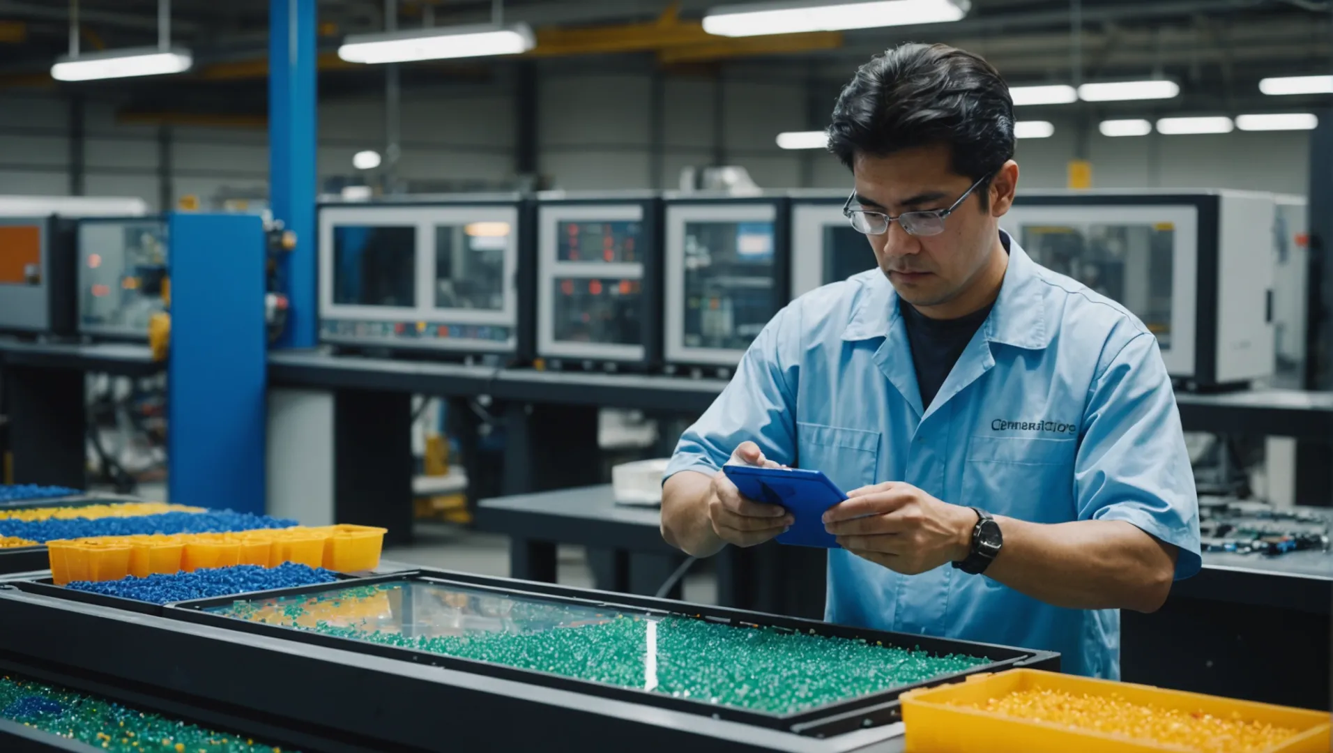 A factory worker analyzing different plastic materials for injection molding.