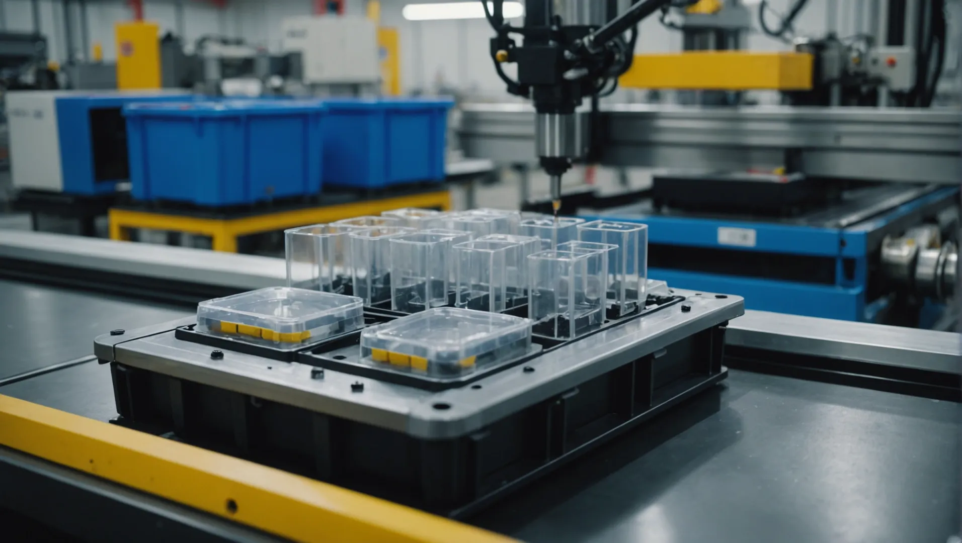 Close-up of a mold in an injection molding machine with plastic material