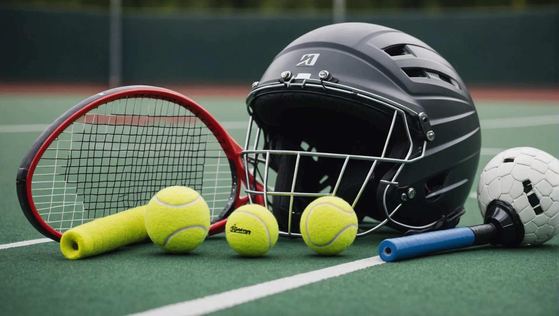 Close-up of various sports equipment made from different materials, highlighting texture and material properties