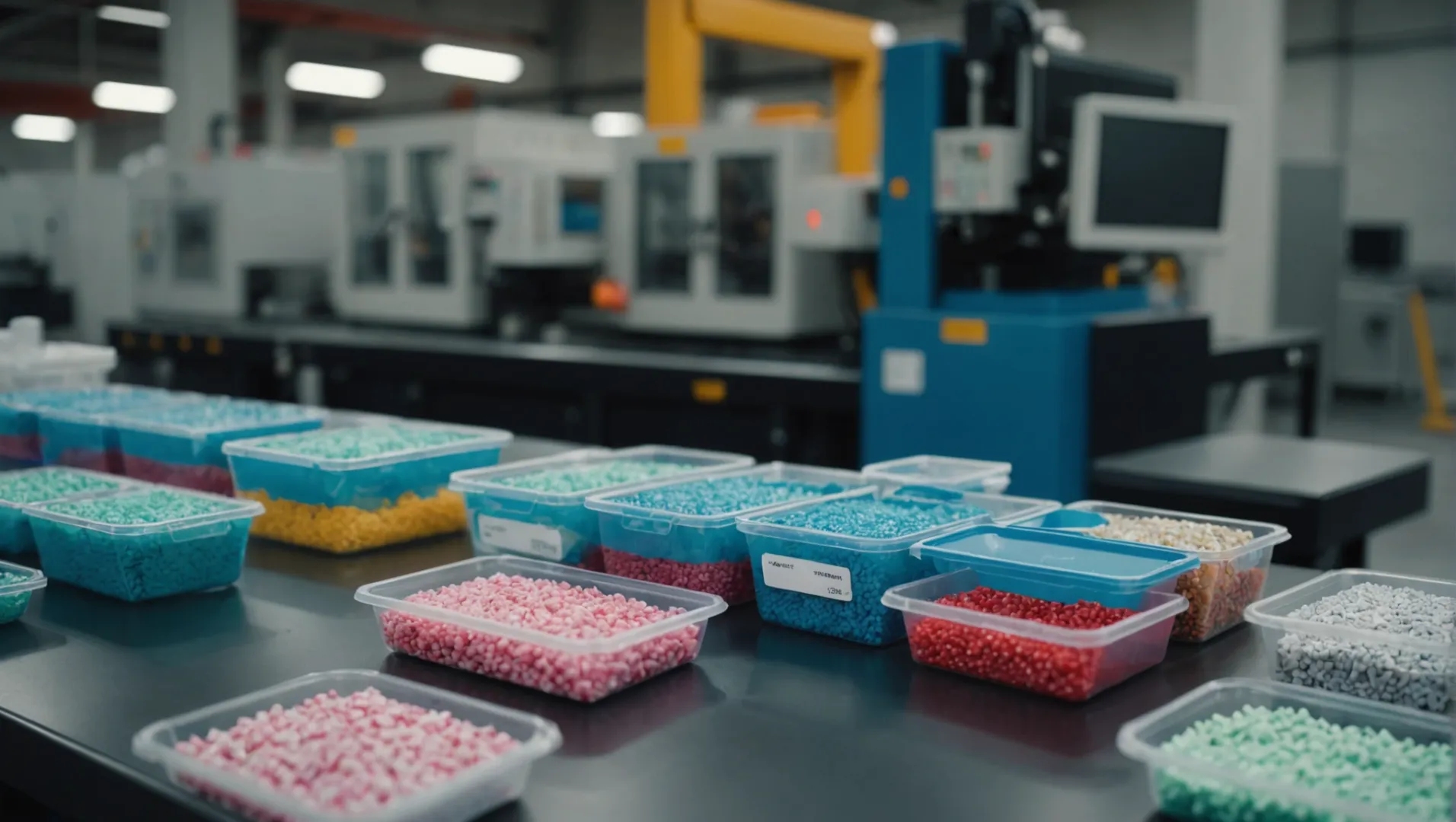 Different plastic materials for injection molding in a factory setting