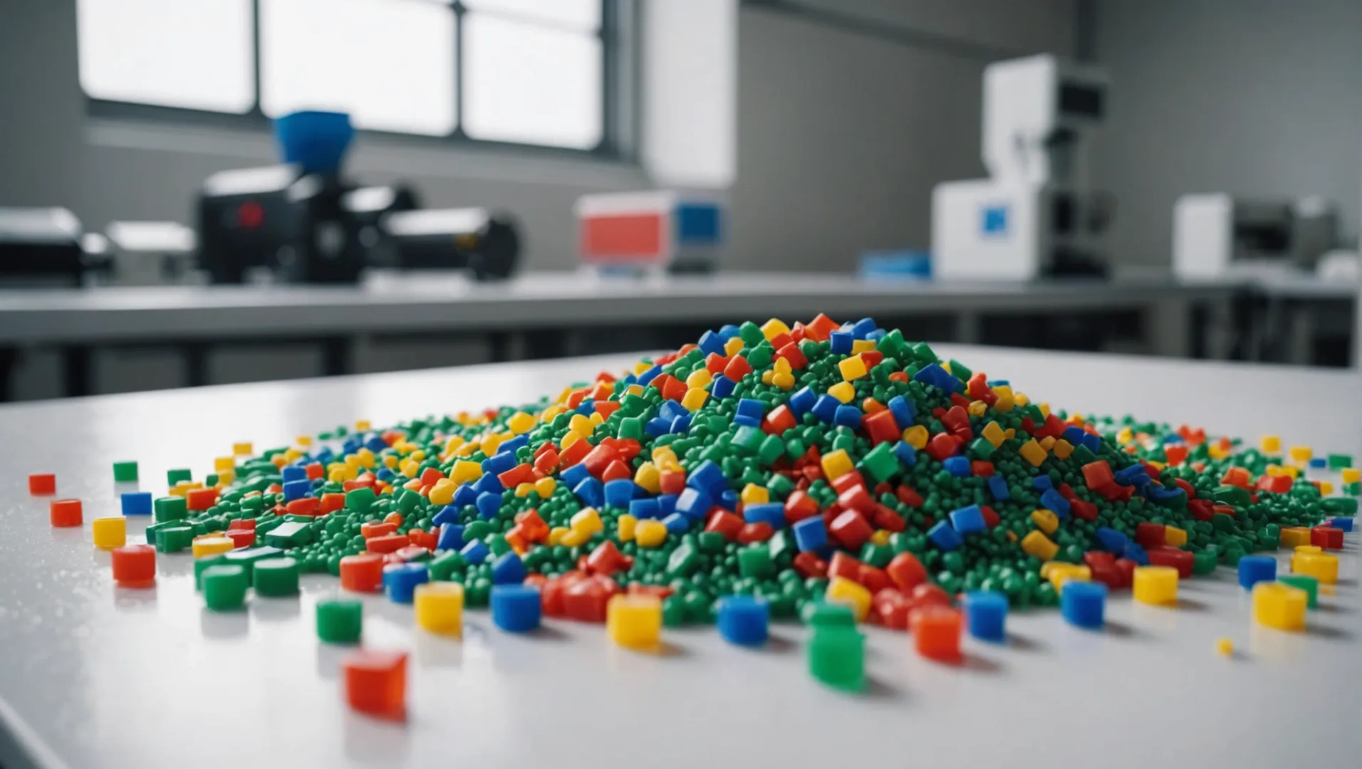 Various plastic granules on a table with injection mold machine in the background