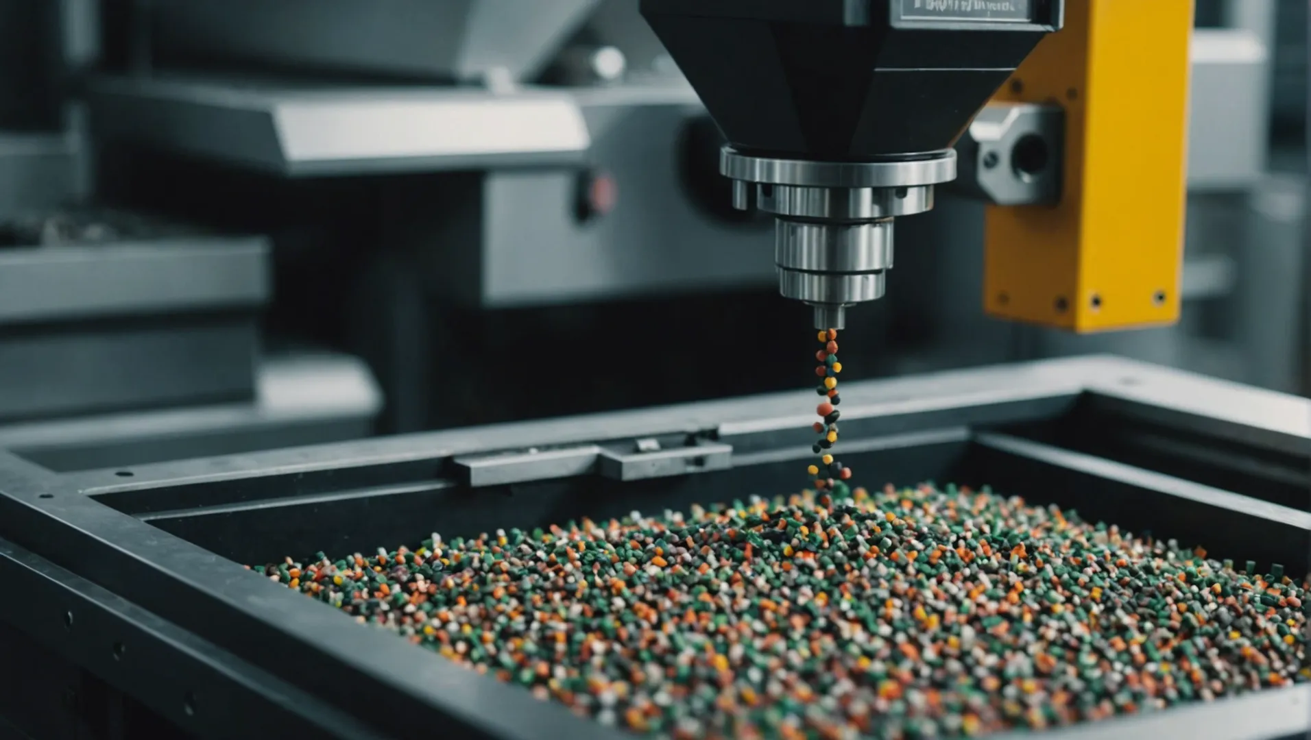 Close-up of plastic pellets and a molded part in an injection molding machine