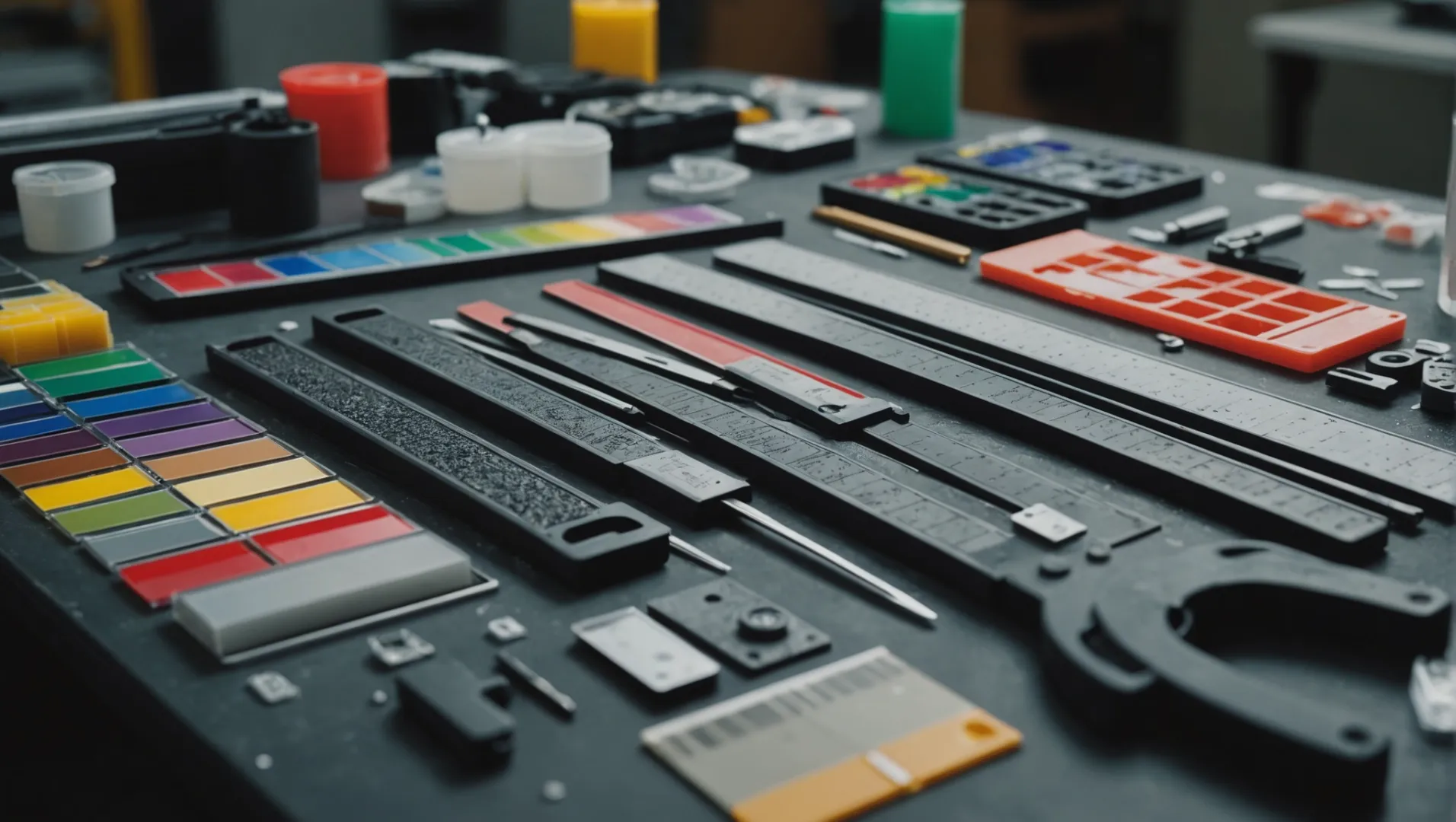 Close-up of various plastic materials in a workshop, with tools and color samples.