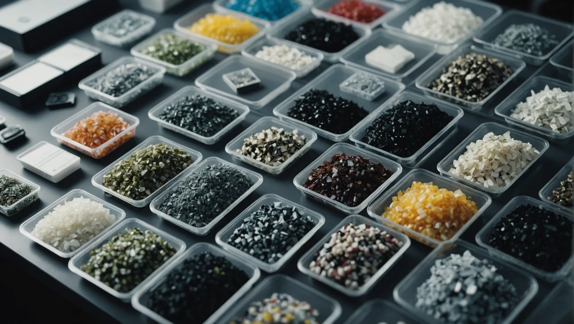 Various plastic samples with different reinforcements on a laboratory table