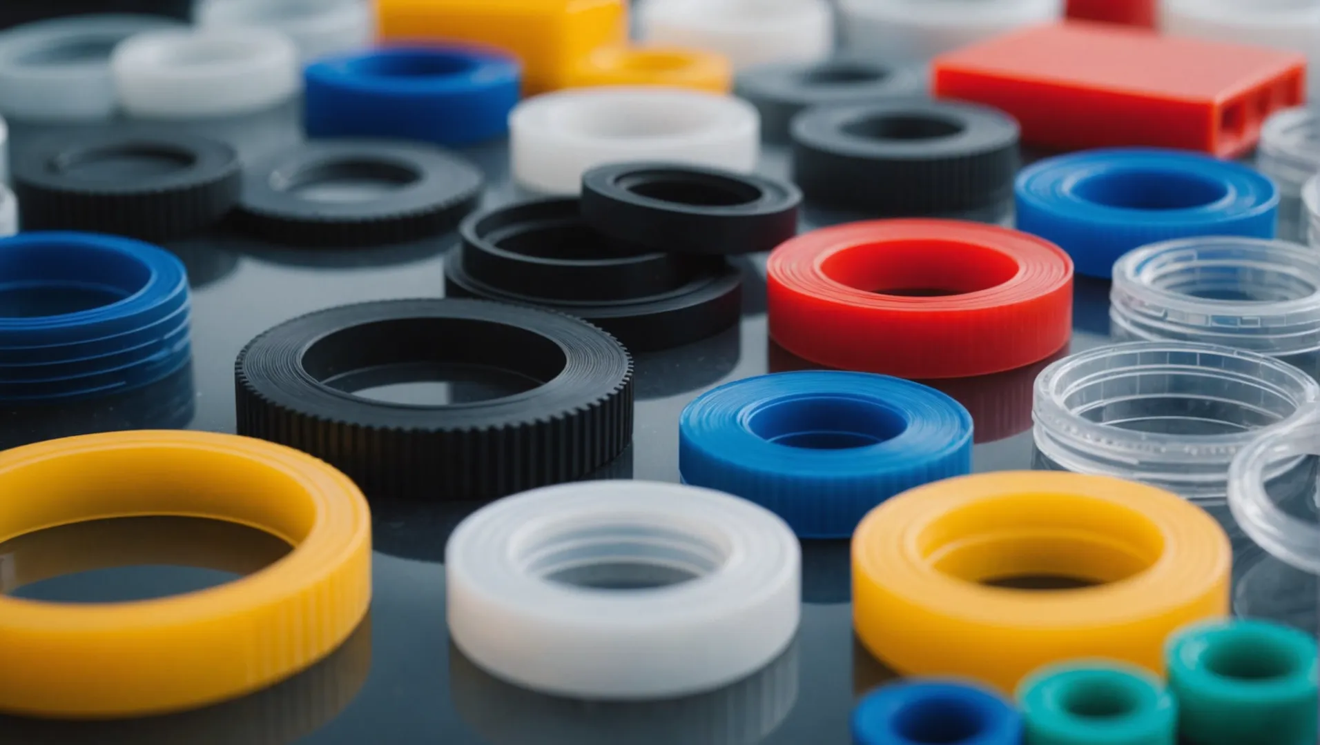 A close-up of various plastic materials used in injection molding, showing their surface textures and clarity.